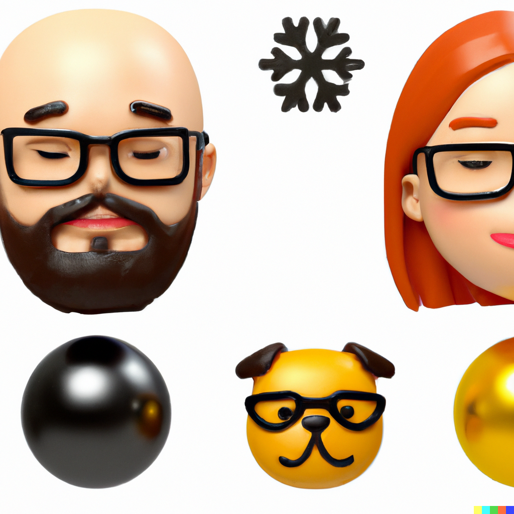 DALLĀ·E 2022-12-18 11.37.48 - 3D emojis of a red haired woman, a bald man with a beard and glasses and a black french bulldog at christmas.png