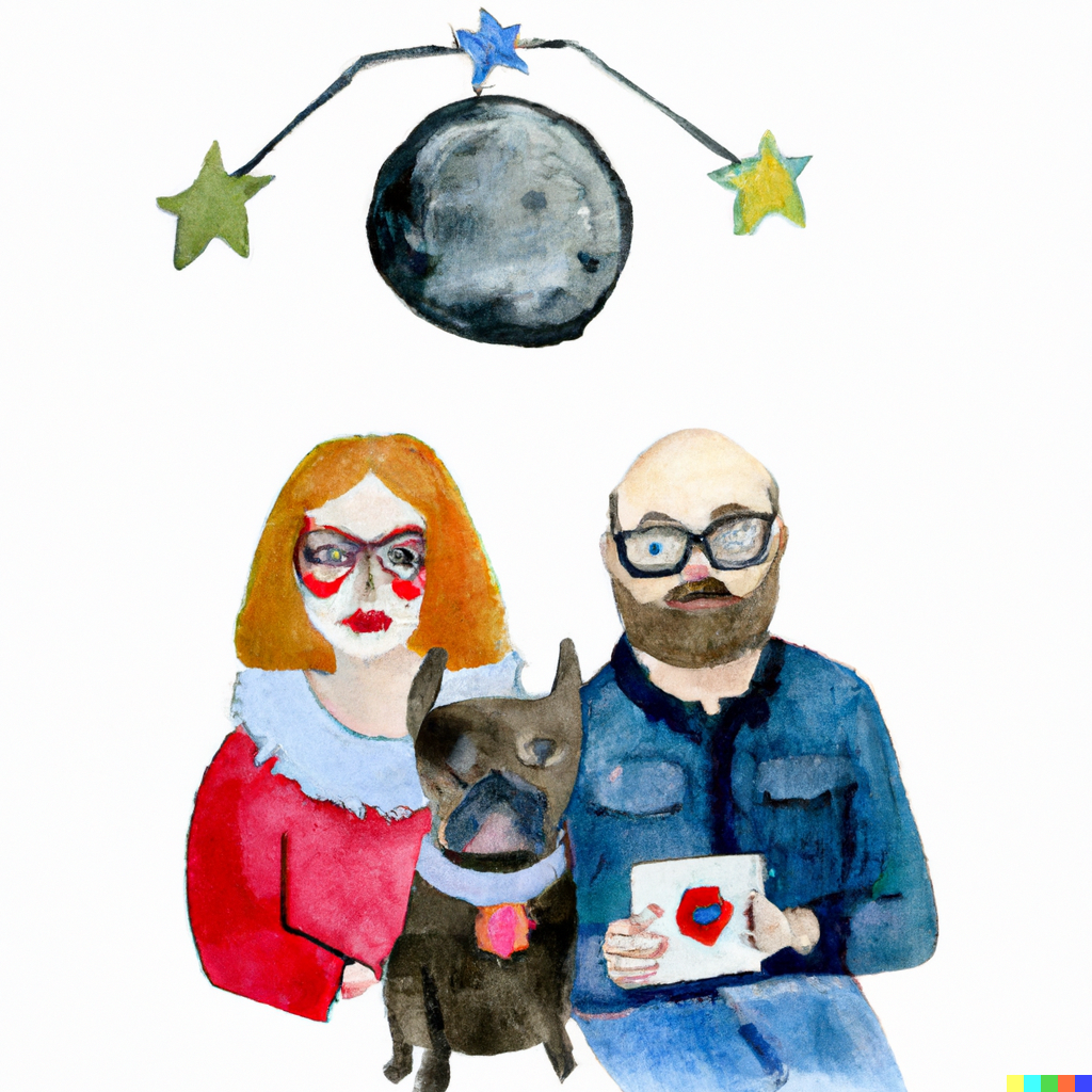 DALLĀ·E 2022-12-18 11.39.27 - a red haired woman and a bald man with a beard and glasses and a black french bulldog at christmas on the moon watercolor .png