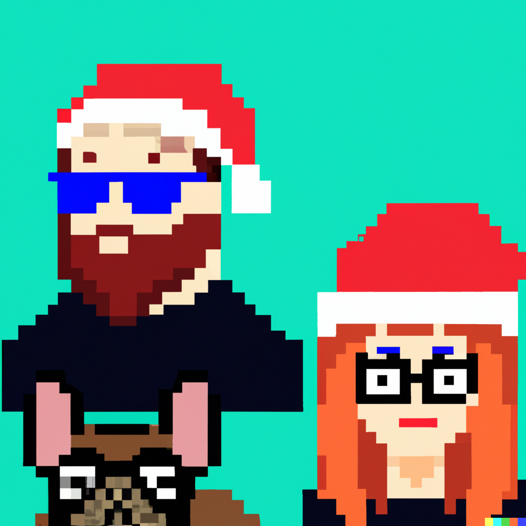 DALLĀ·E 2022-12-18 11.36.58 - woman with long red hair and bangs, bald man with beard and glasses wearing a hat, black french bulldog at christmas pixel art.png