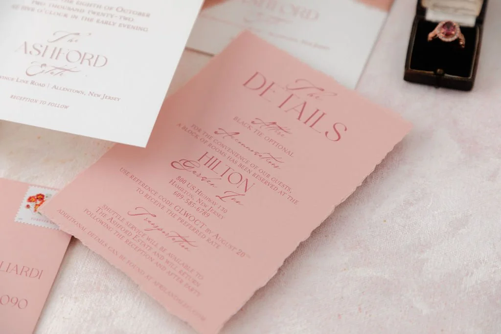 hand deckled blush pink wedding invitation insert card for an October Ashford Estat wedding.