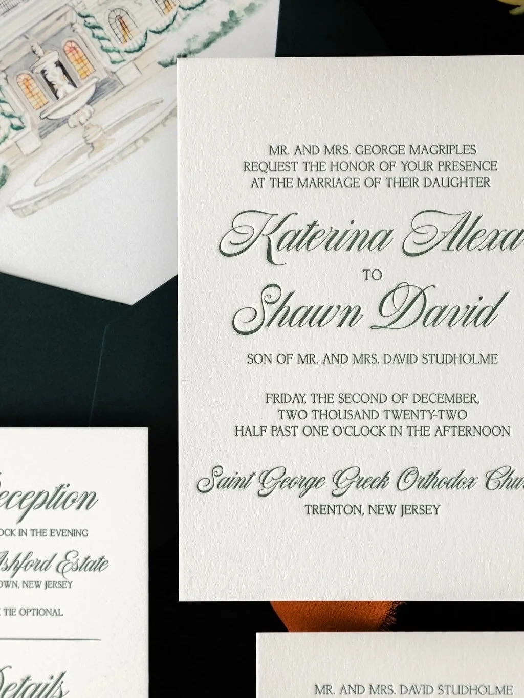 A look back at this magical Christmas wedding at the Ashford Estate, with the Roma customized to a cleaner, traditional style that fit the formal look of this early December event. Letterpress printing on a double thick paper stock finished off this 