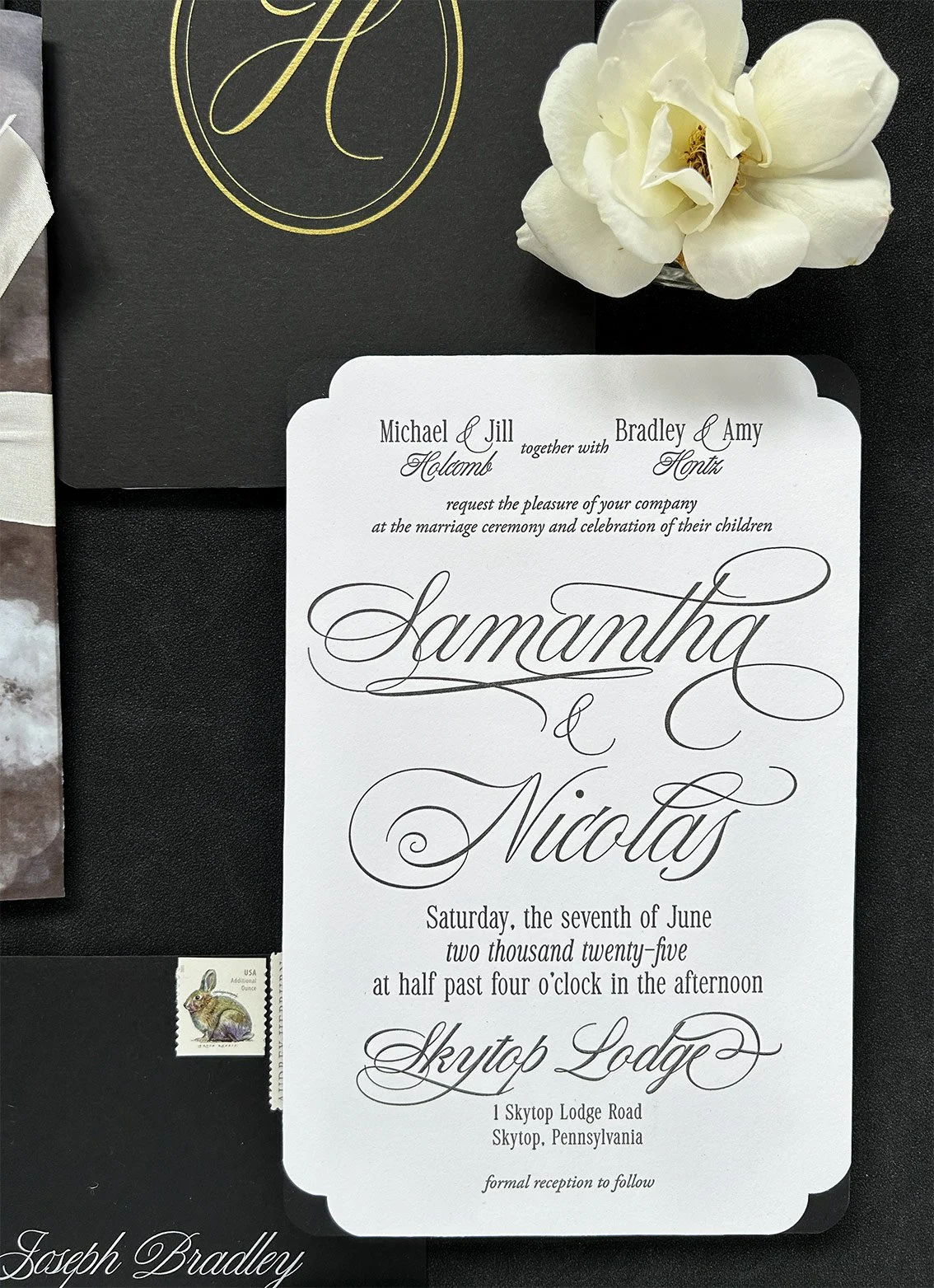 Romantic black and white letterpress wedding invitation