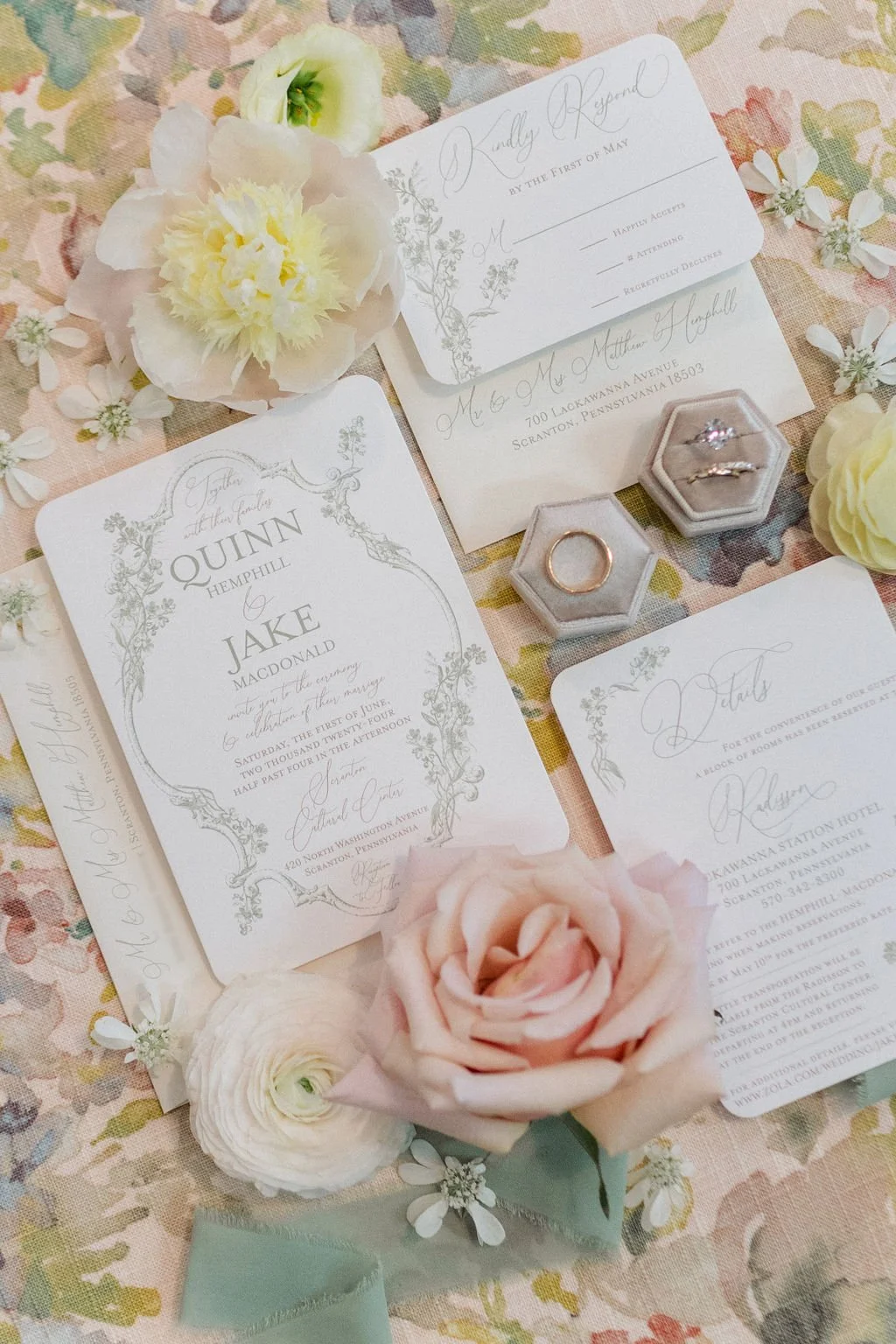 semi-custom Firenze wedding invitation in sage green and blush by Santina Amendola Design.
