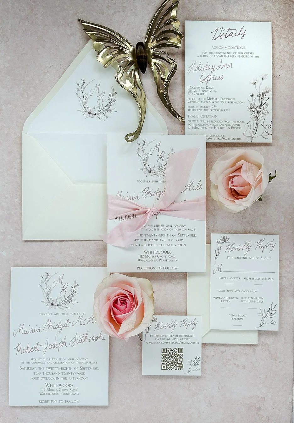 blush pink and gold floral monogram wedding invtation