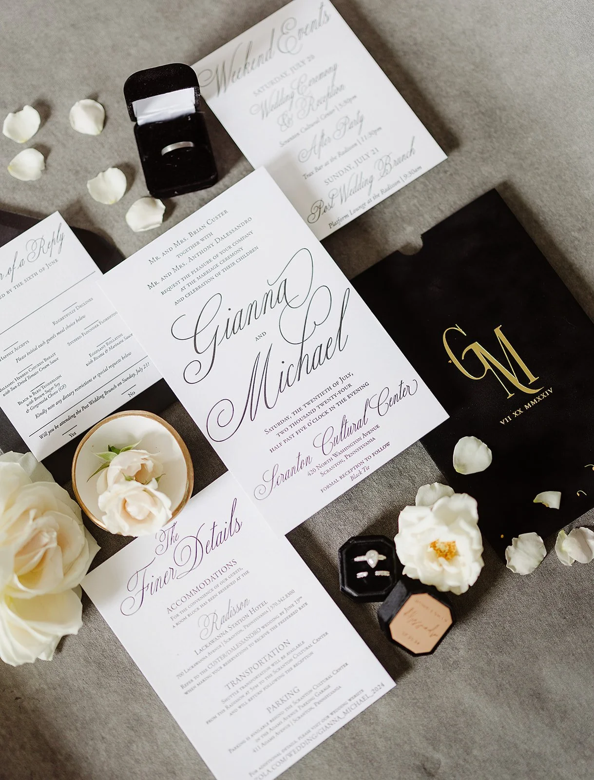 black and white luxury wedding invitation with letterpress printing and velvet foil sleeve.