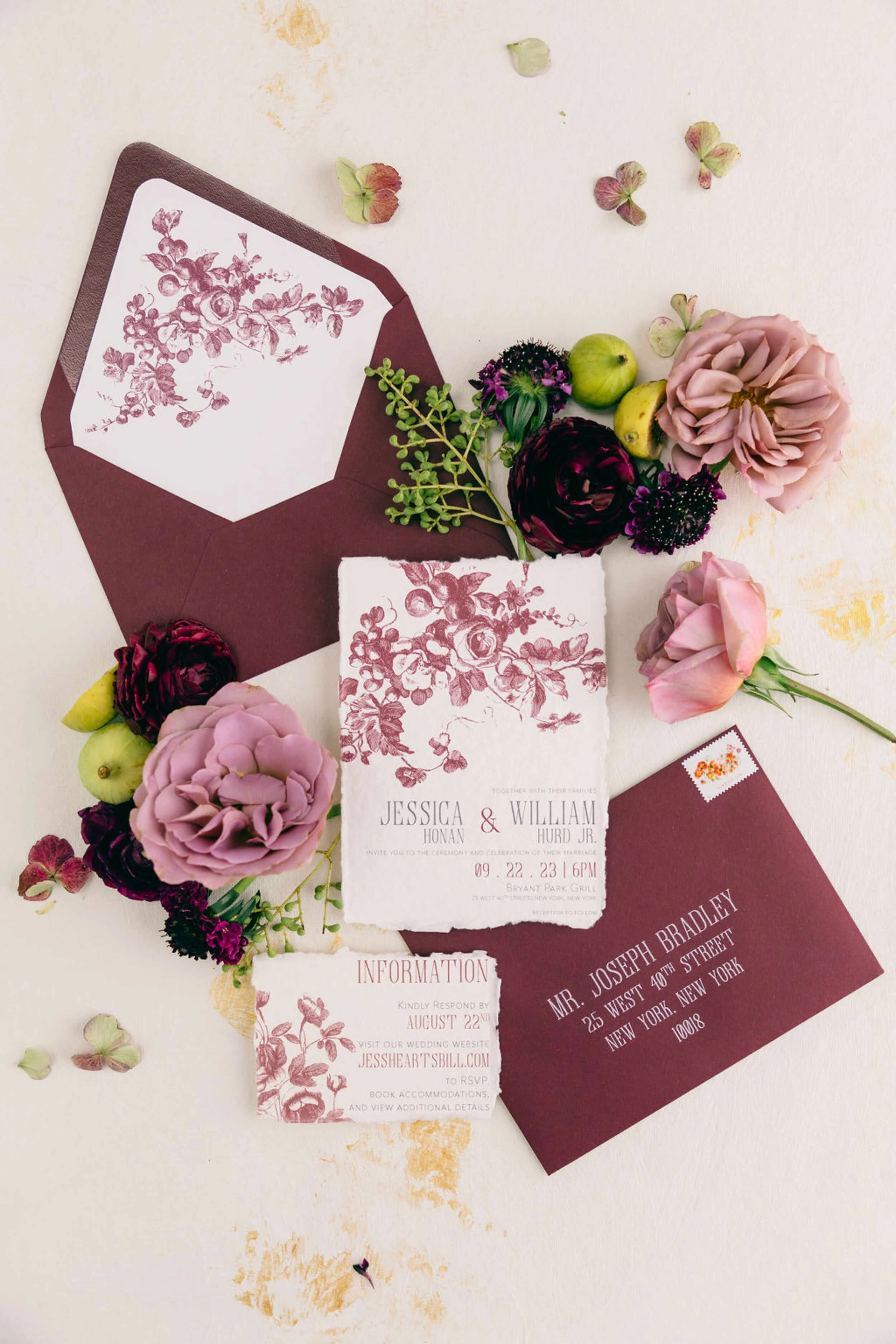 oversize floral wedding invitation in burgundy