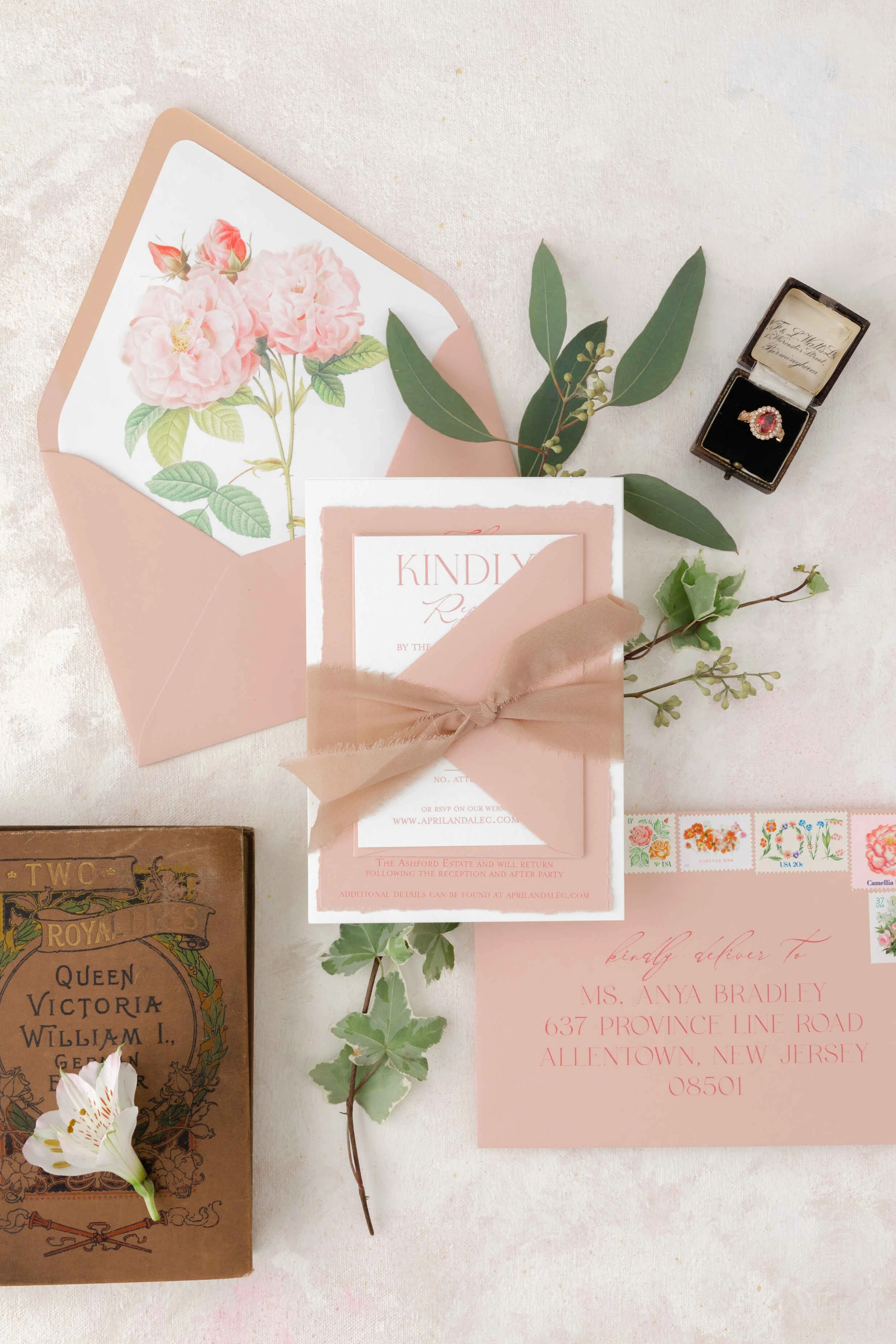 Blush pink and white floral wedding invitation suite