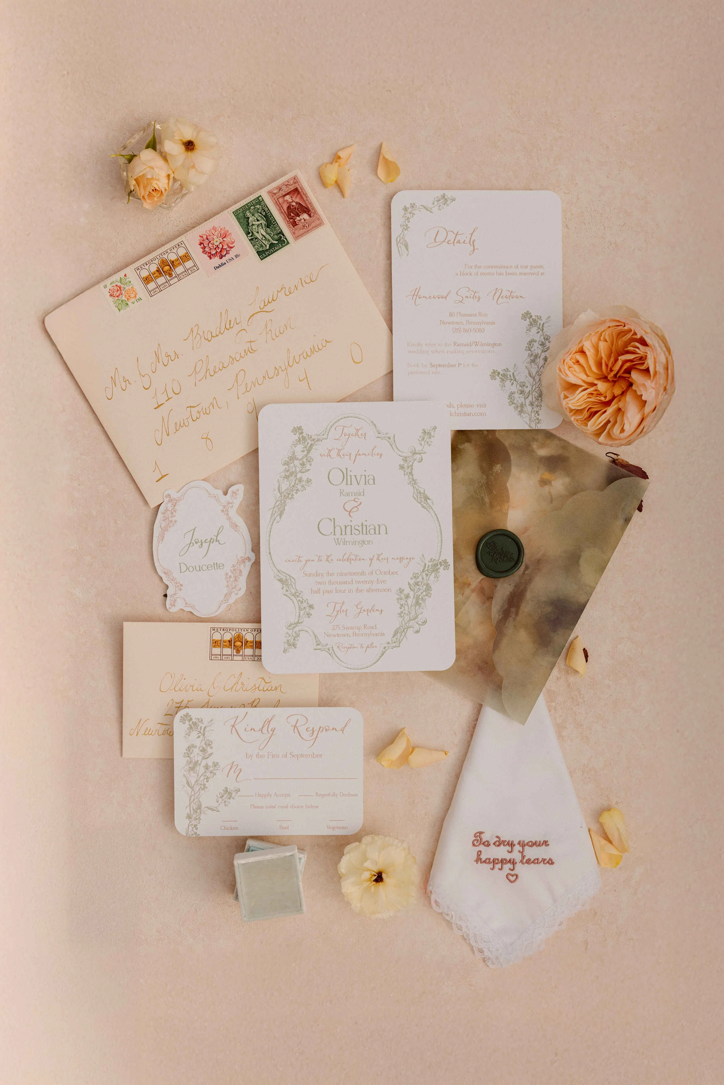 Romantic sage green floral wedding invitation at Tyler Gardens. Photo by Gail Sam Photography