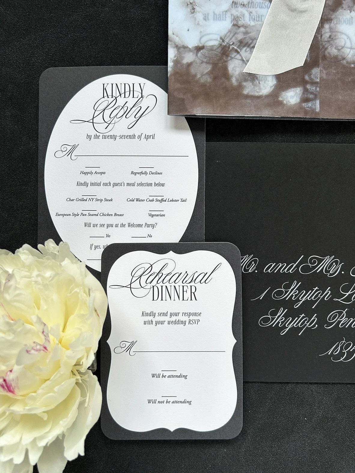 Chic black and white wedding invitation at Skytop Lodge