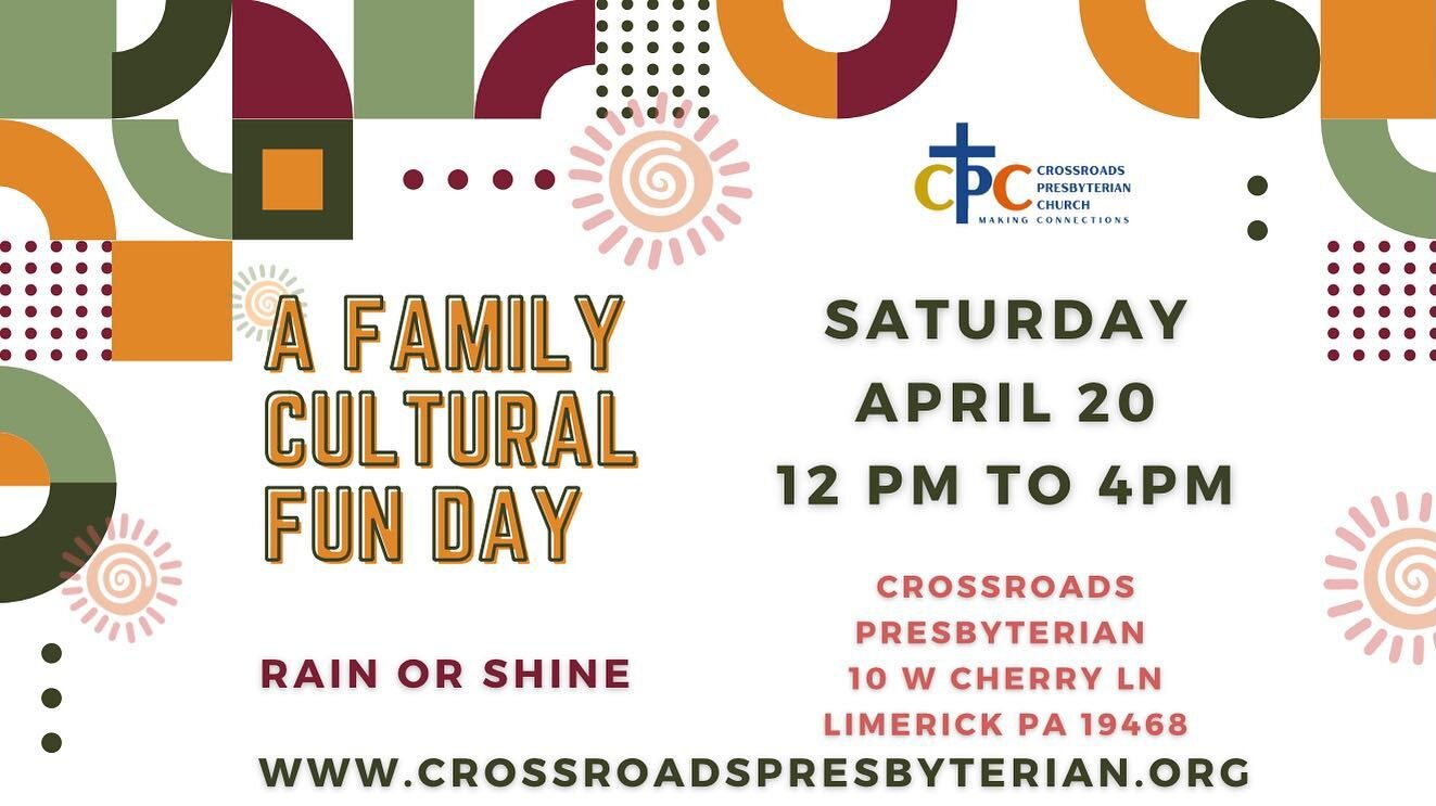 Check out our website for more information about this event. There will be Afro-Caribbean food for sale, plenty of kids activities, FREE Medical Screenings and much more!  CrossroadsPresbyterian.org then click on the event flyer for updates.