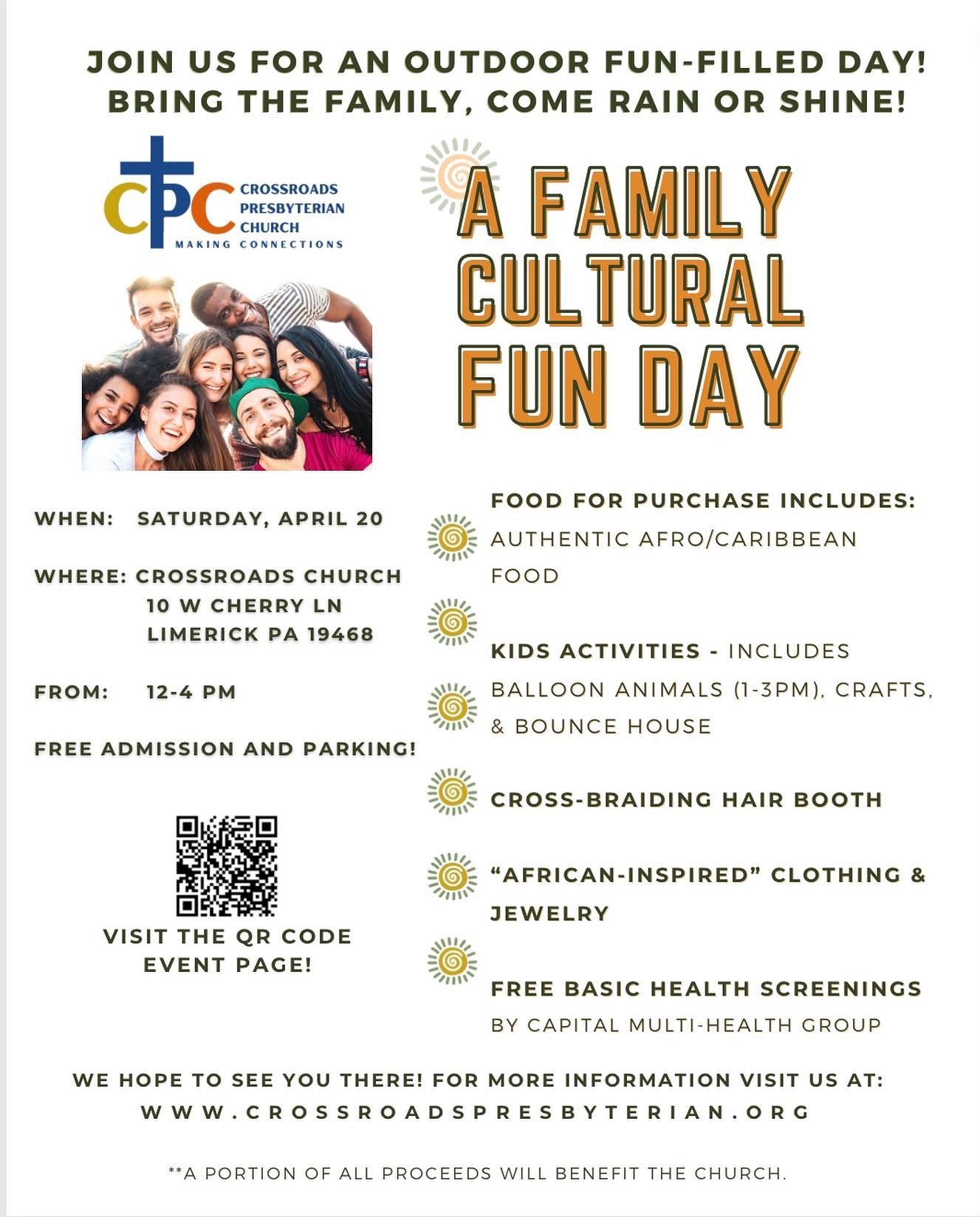 The weather is looking good for Saturday, 4/20!  Come out and see us at our Cultural Family Fun Day from 12pm to 4pm at Crossroads Presbyterian in Limerick! **Activities for the kids, Afro-Caribbean food, hair braiding, African inspired clothing and 