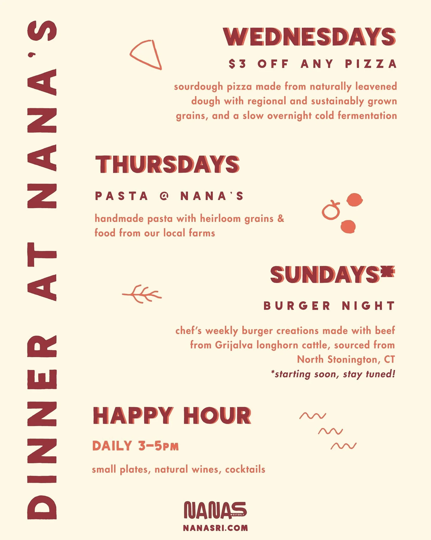 Weekly special nights at Nana&rsquo;s are back! 🍝 starting tonight!

$3 off any pizza on Wednesdays, Pasta @ Nana&rsquo;s on Thursdays, and starting soon&hellip; Burger Night with local beef from @grijalvacattleco in North Stonington, CT! And as alw
