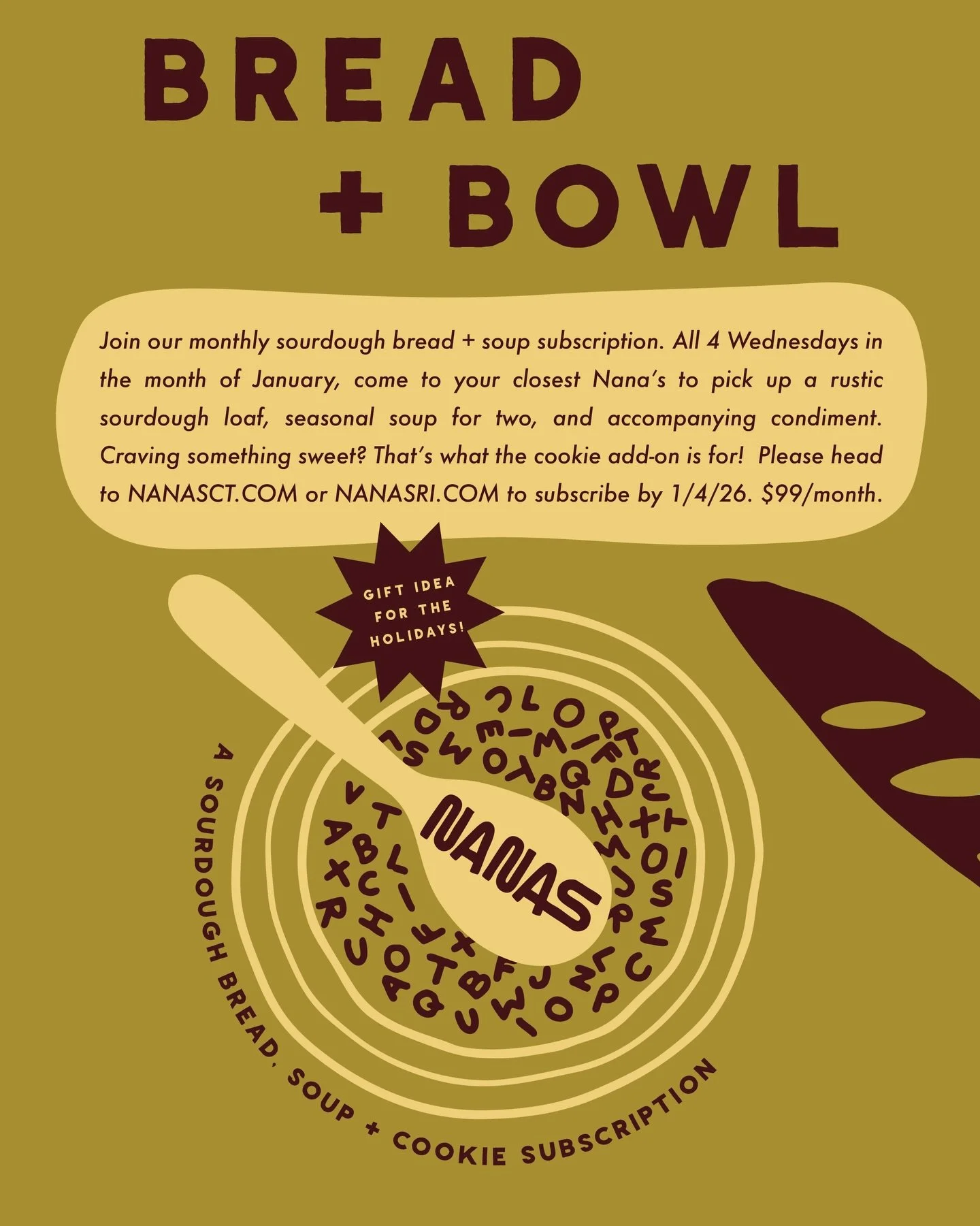 🌟 January Bread + Bowl is HERE! 🌟 the perfect gift for your loved ones&hellip; or yourself!

Who wouldn&rsquo;t want the gift of weekly artisanal soups and hearty sourdough loaves under the tree &mdash; add on a tote bag and a cookie subscription t