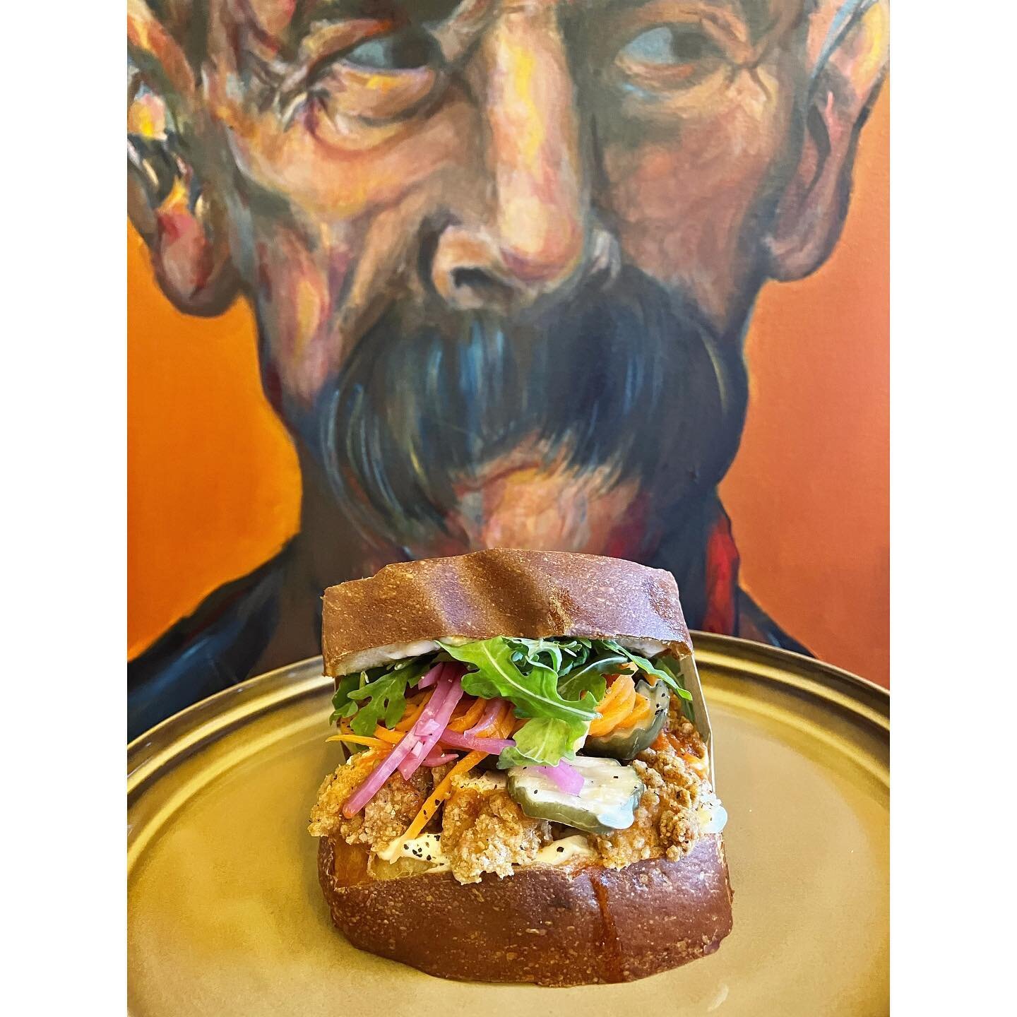 NEW IN THE CABINET: 

southern fried chicken with spicy house pickles, miso mayo and seasonal greens between two thick slices of fresh @body_of_the_year_bakery brioche 

enjoy fresh or toasted 

🍗 🥪🍞