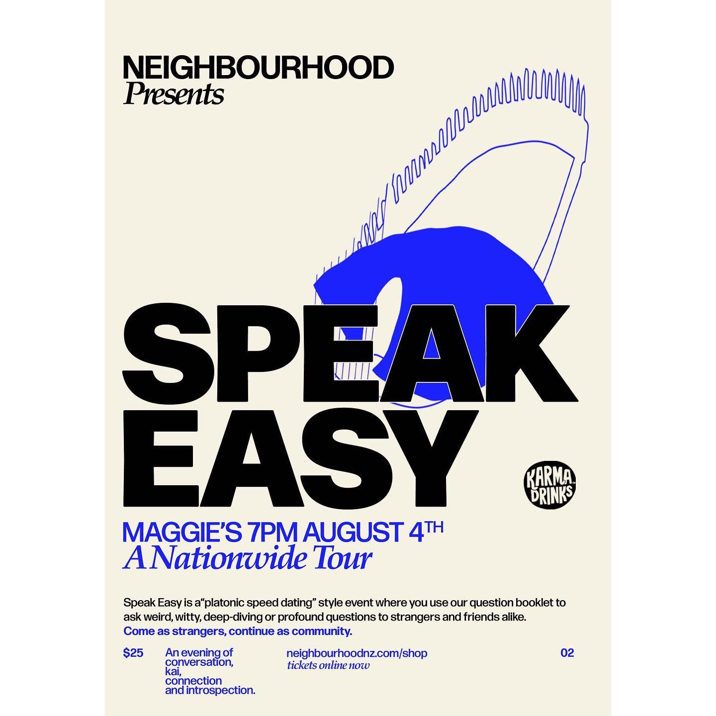 we are hosting the lovely folks from @neighbourhoodnz this week for their national series Speak Easy. 

Speak Easy is a platonic speed friending event where all are invited to come and share in an evening of conversation, connection, kai, @karmadrink