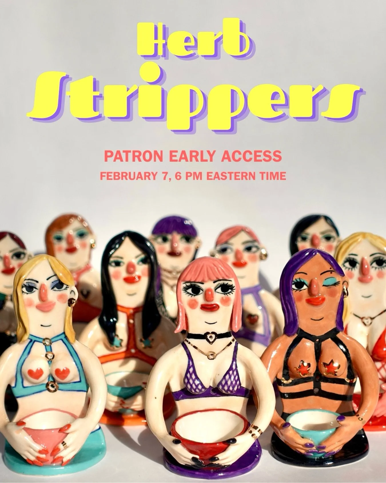 Gorgeous gals came out of the overglaze kiln today! This group (along with some other sweet treats) will be available to all patreon tiers on Feb 7 at 6 pm, then they&rsquo;ll be available to non-patrons 24 hours later, on the 8th at 6 pm! 
It&rsquo;