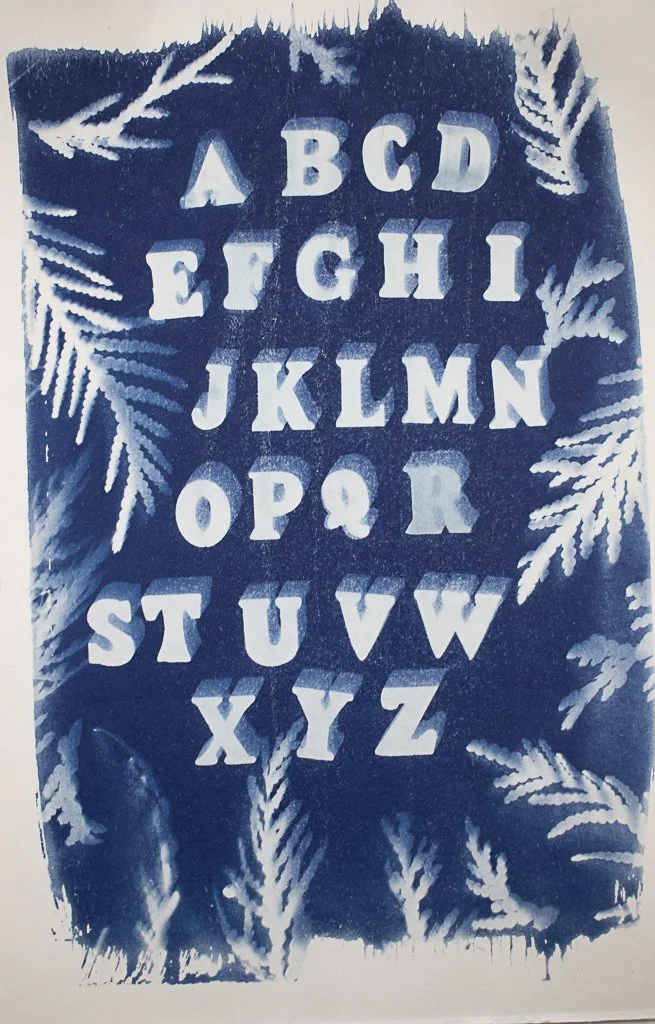 springtime art cyanotype with letters