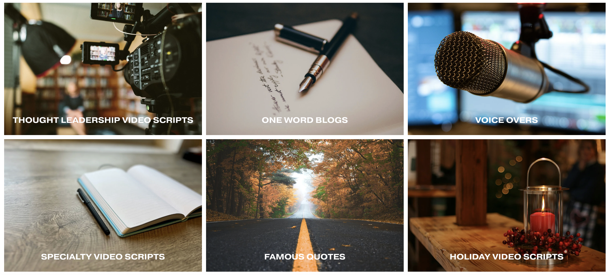 A collage of six images related to video creation and blogging. Top row: a camera setup in a library, a close-up of a fountain pen and notebook, a professional microphone on a desk. Bottom row: an open notebook and pen on a wooden table, a scenic road through a forest in autumn, a holiday-themed candle and decorations on a wooden table.