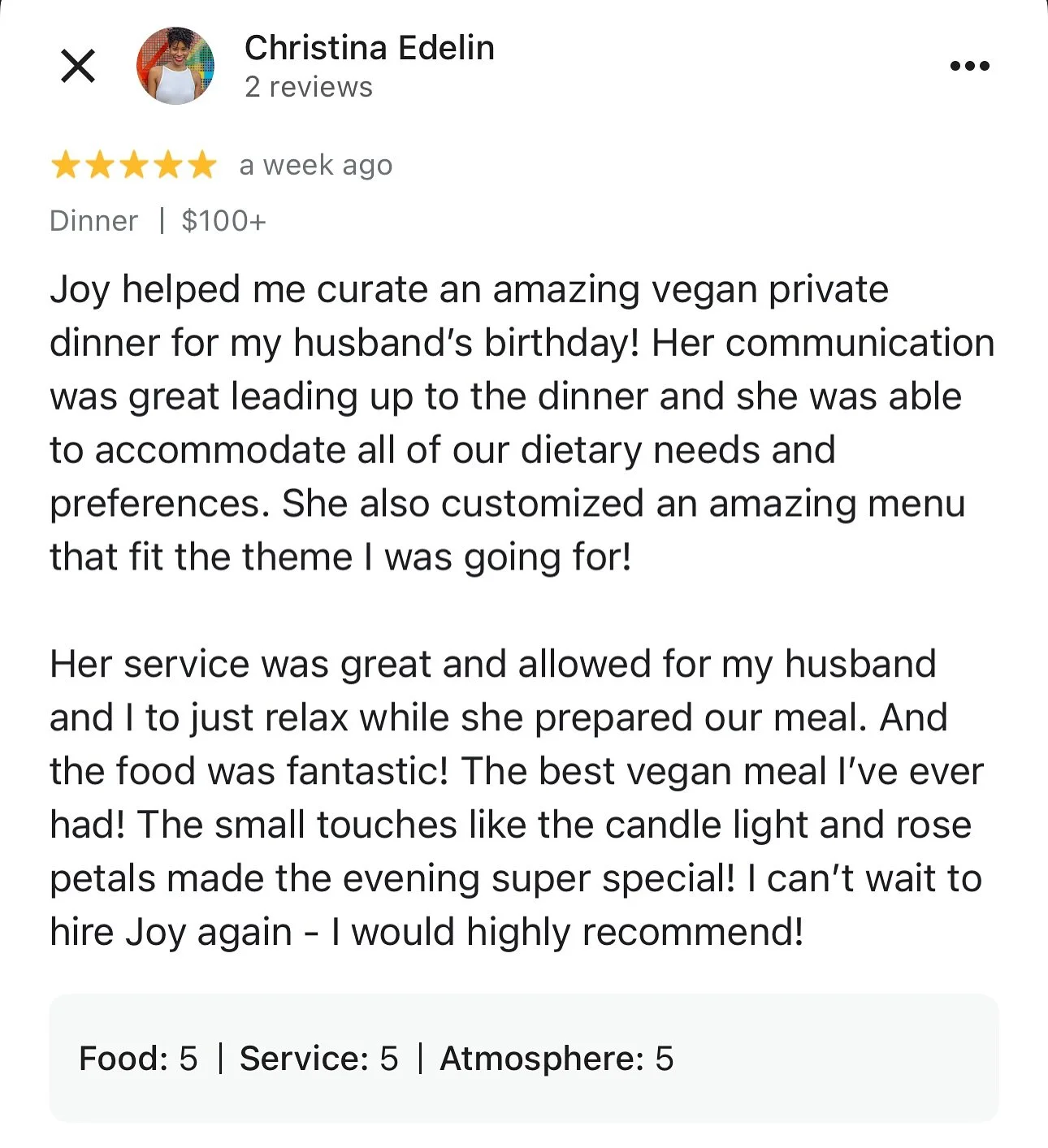 🗣️🗣️🗣️✨ &ldquo;The best vegan meal I&rsquo;ve ever had!&rdquo; ✨

Thank you so much, Christina, for booking me and for this amazing review!💚👩🏾&zwj;🍳 I had so much fun curating this OutKast-inspired private dinner for your husband&rsquo;s birth