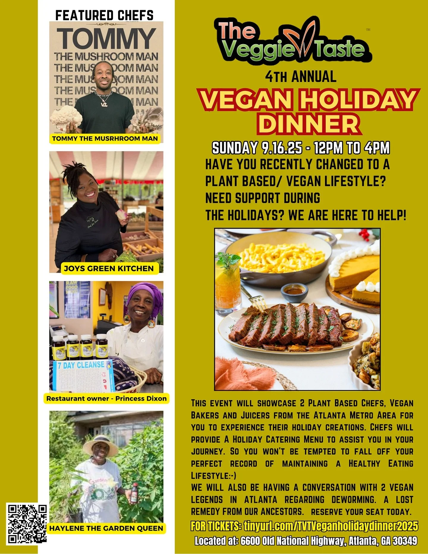 11/16/25🚨🚨🚨

🌱✨ I&rsquo;m so excited to be one of the featured chefs at The Veggie Taste&rsquo;s 4th Annual Vegan Holiday Dinner this Sunday! 💚

📍 Sunday, November 16 | 12&ndash;4PM
6600 Old National Hwy, Atlanta GA
🎟️ Tickets in bio

Come let
