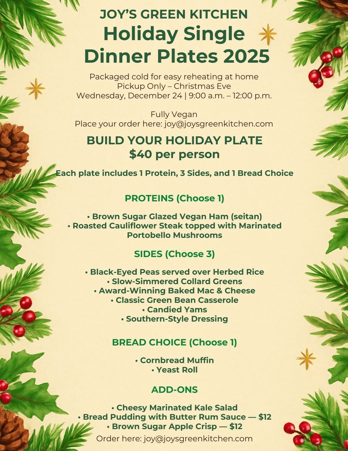 Holiday Single Dinner Plates are available!!! 🎄✨

If you want a real holiday meal without spending the entire day in the kitchen 🍽️, this is for you. These plates are thoughtfully prepared, fully vegan 🌱, and meant to be enjoyed at home with minim