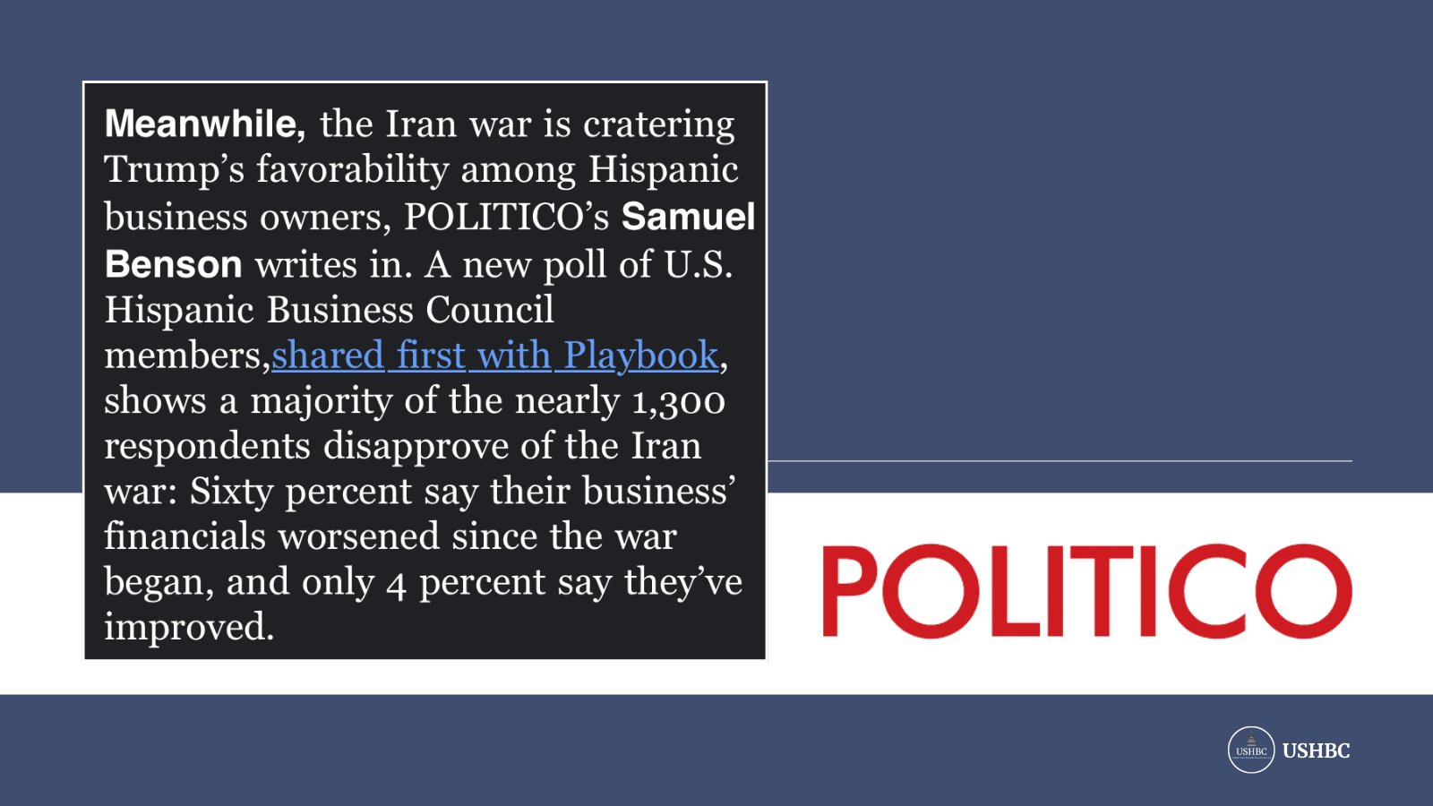 USHBC 2026 Small Business Pulse Survey, Spring 2026, Politico Feature by Samuel Benson