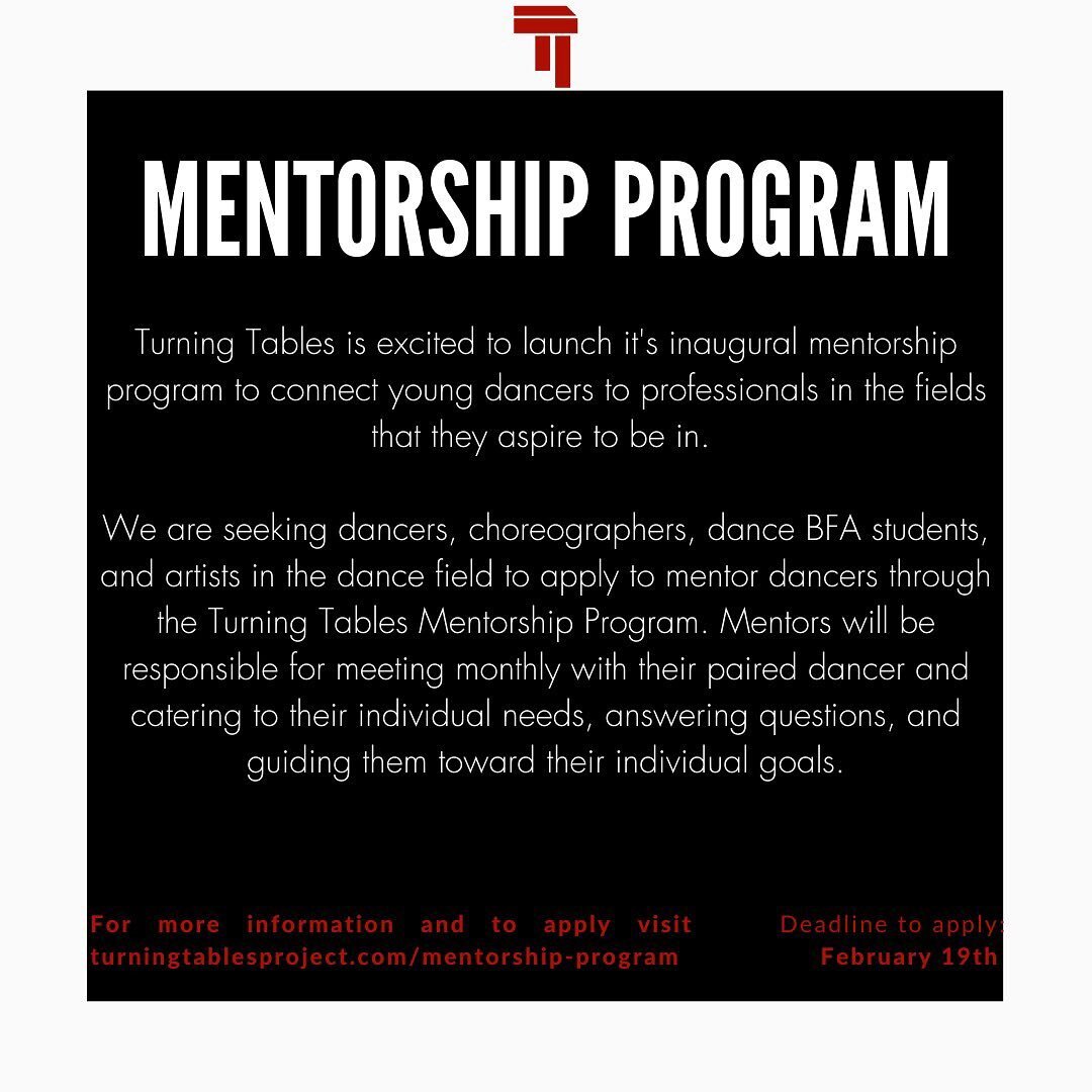 Two weeks left to apply to be a mentor in our mentorship program! We are looking for dancers from all avenues of the dance world who are interested in advising young dancers and helping them reach their goals as artists. Visit the link in our bio to 