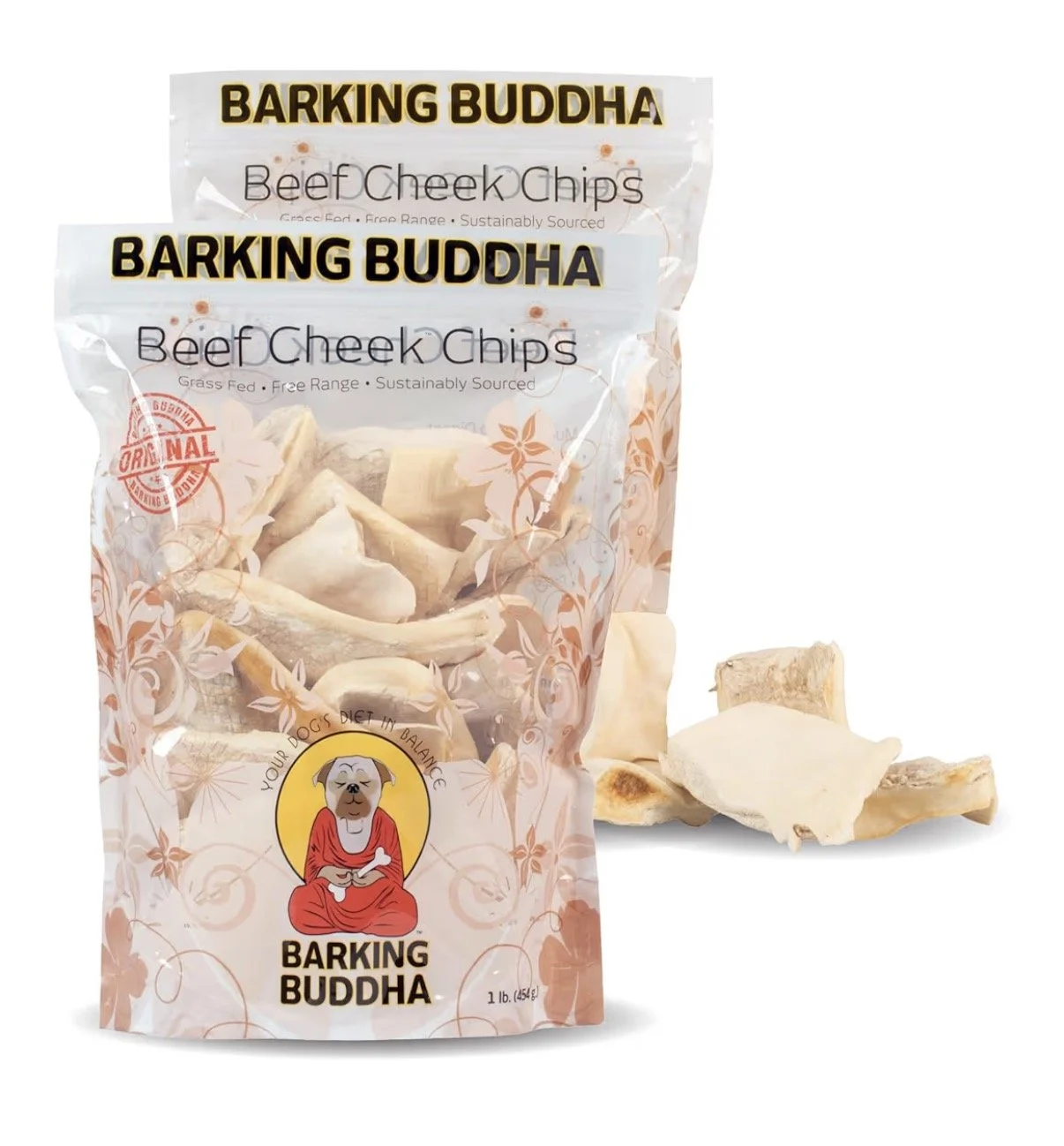 Packages of Barking Buddha beef cheek chips with some chips outside the bag, on a white background.