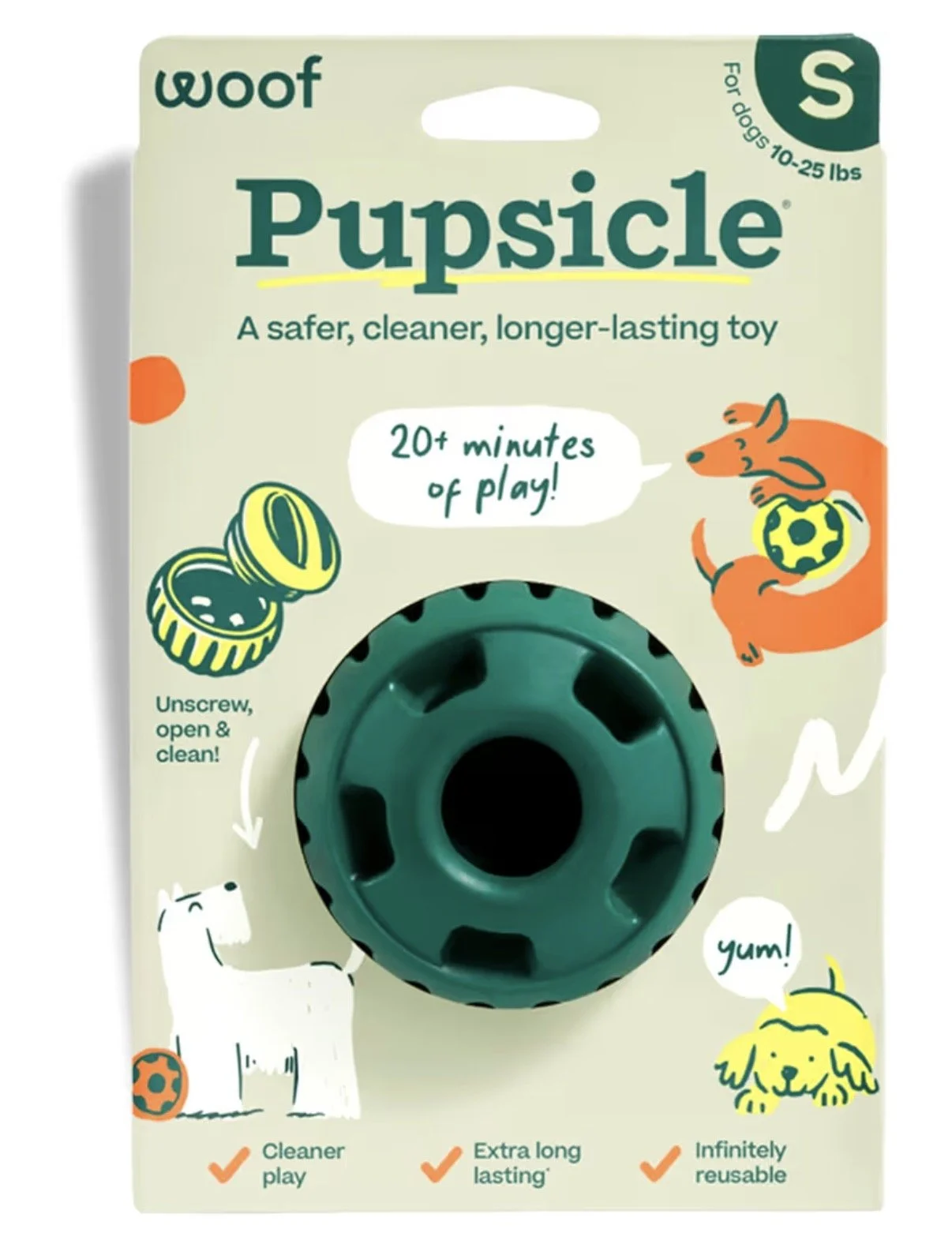 Packaging for Woof Pupsicle dog toy, featuring a teal-colored circular toy in the center, with illustrations of a dog, a dog toy, and a puppy on a light background. The box highlights that the toy provides over 20 minutes of play, is reusable, and easy to clean.