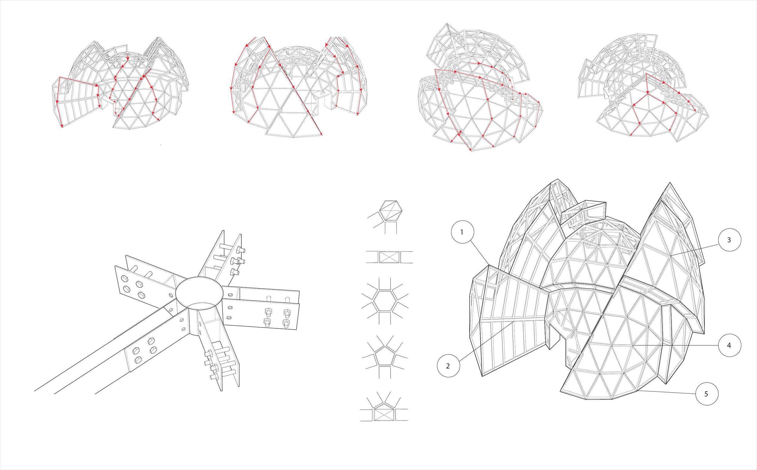 Above: load paths, Below: Vertices connecting domes