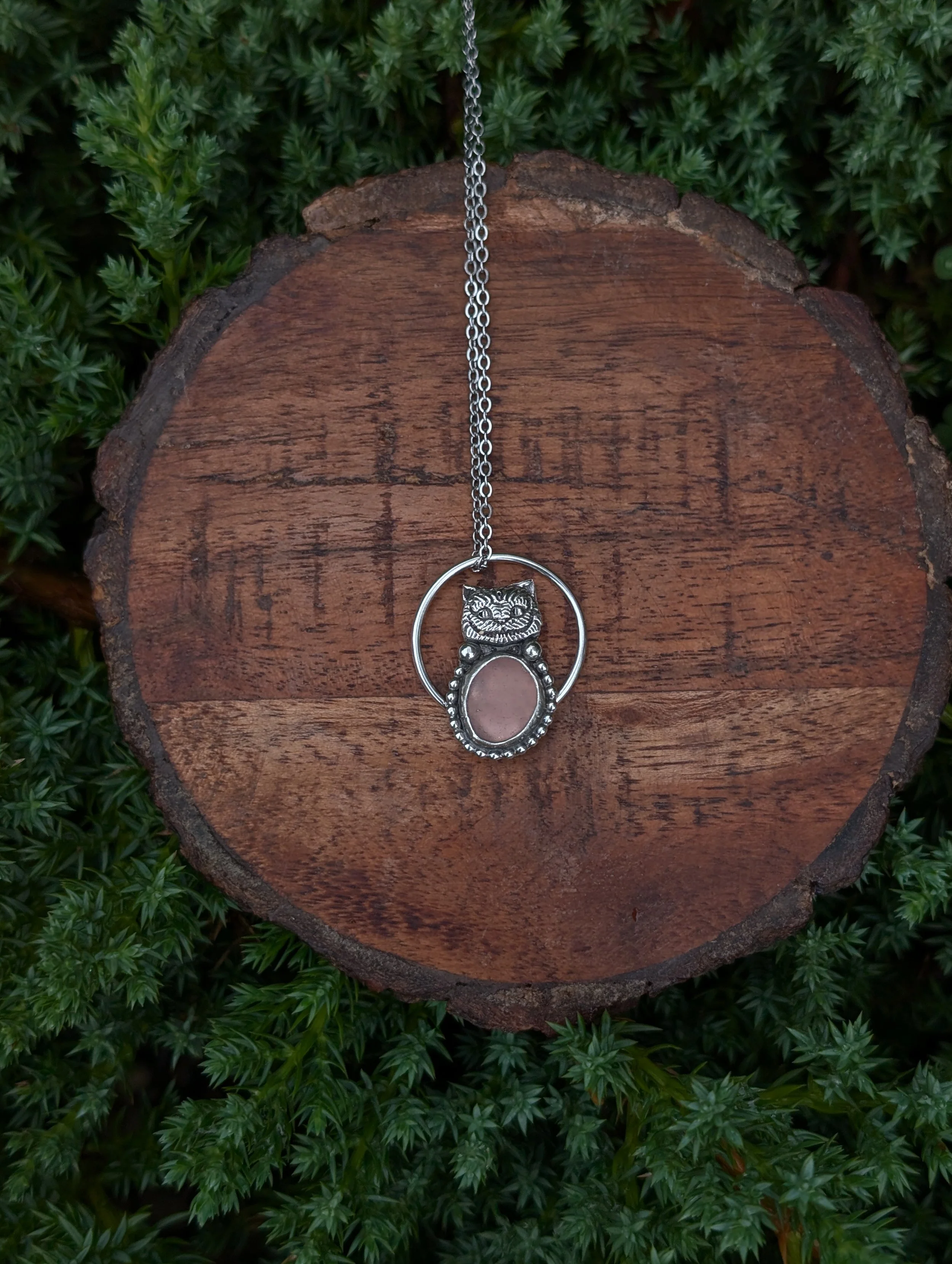 Cranberry Sea Glass Cheshire Kitty Necklace