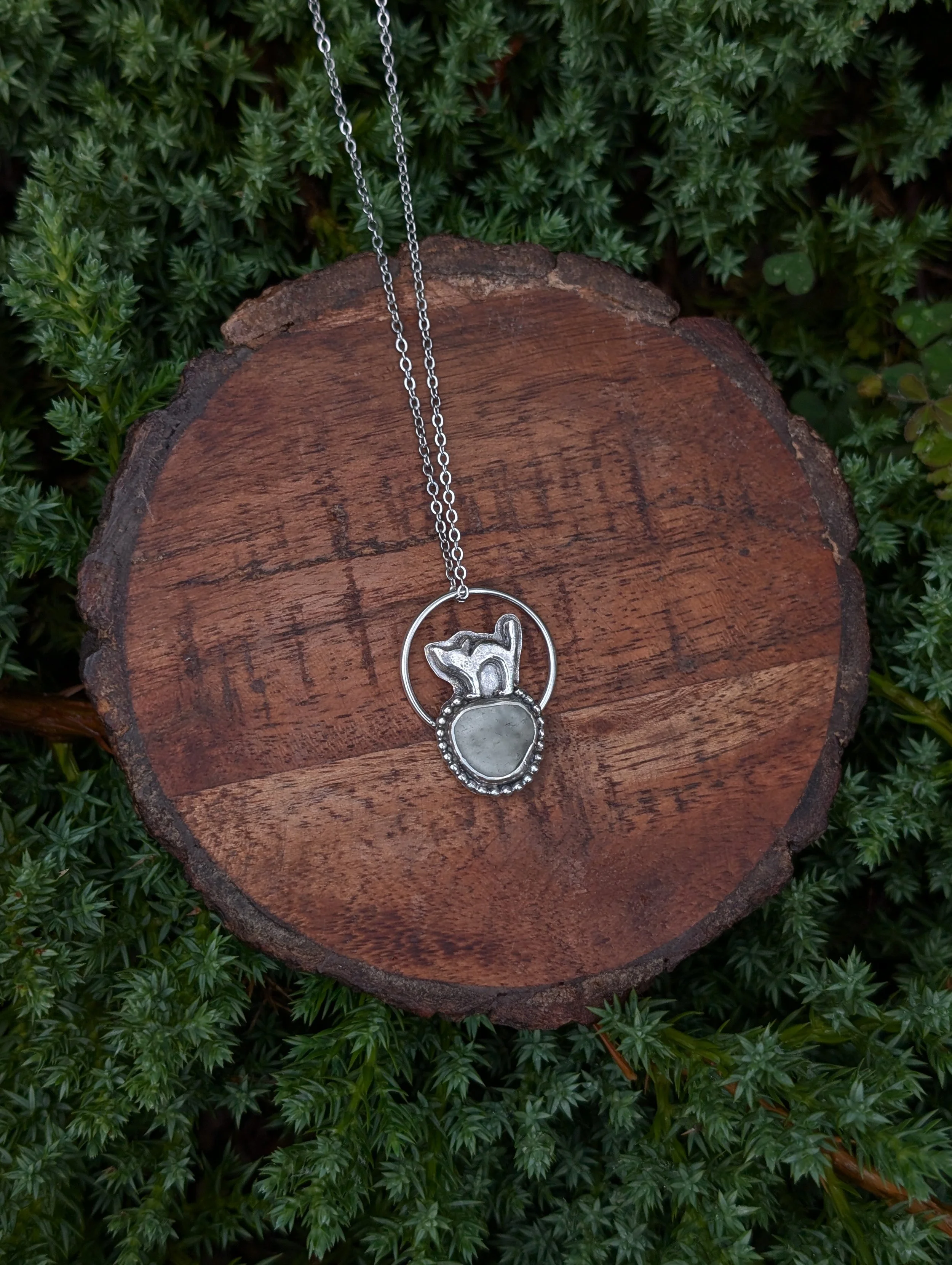 Stormy Grey Sea Glass Kitty Necklace