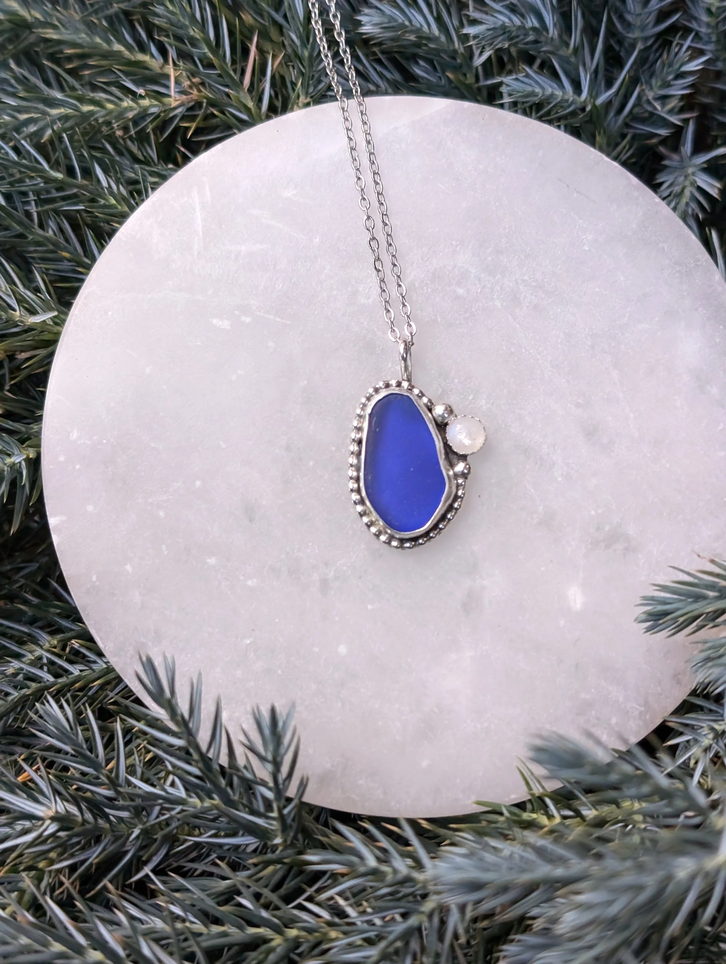Cobalt Sea Glass & Moonstone Necklace