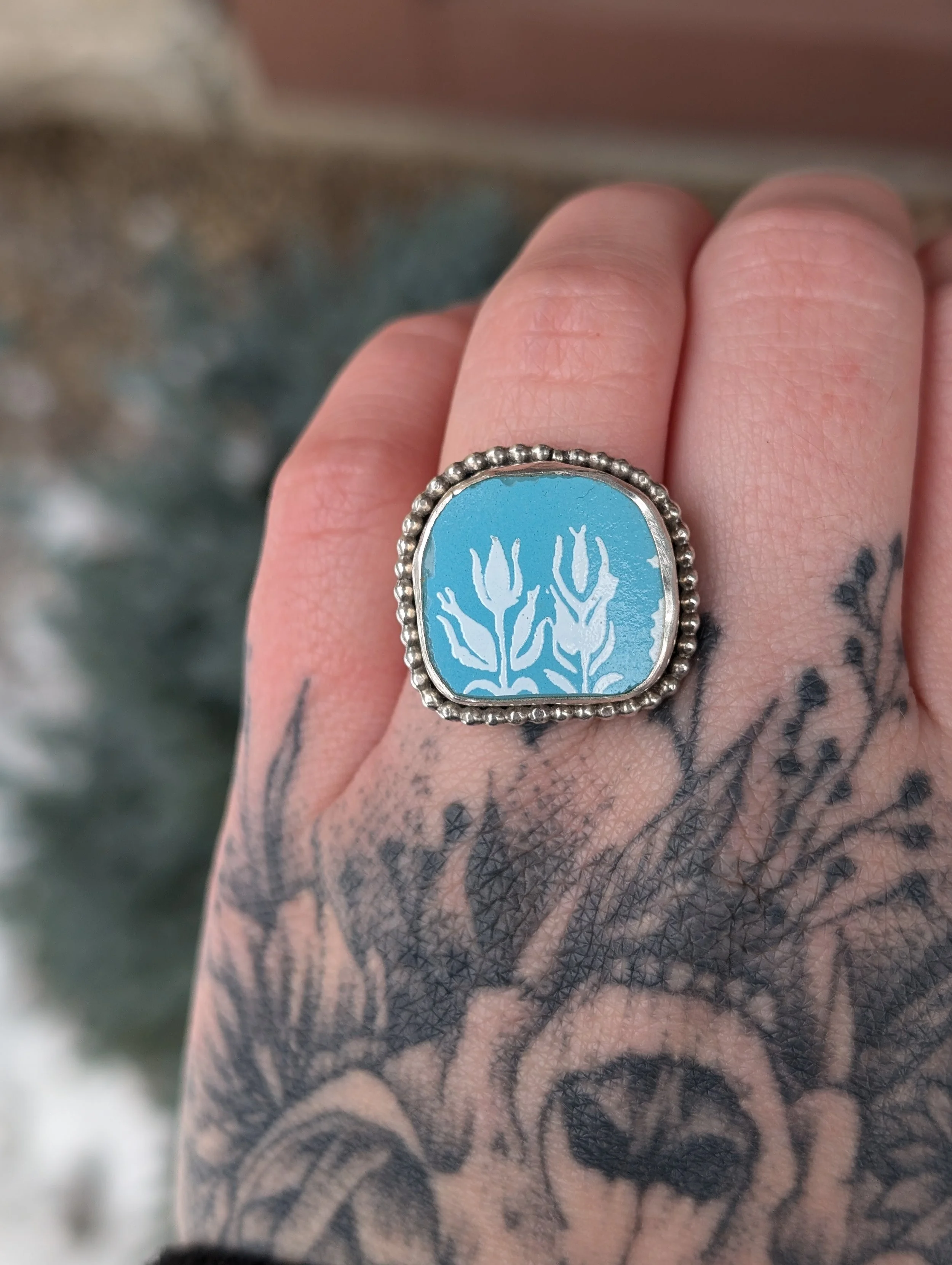 Blue Butterprint Pyrex Ring (Size 7.5)
