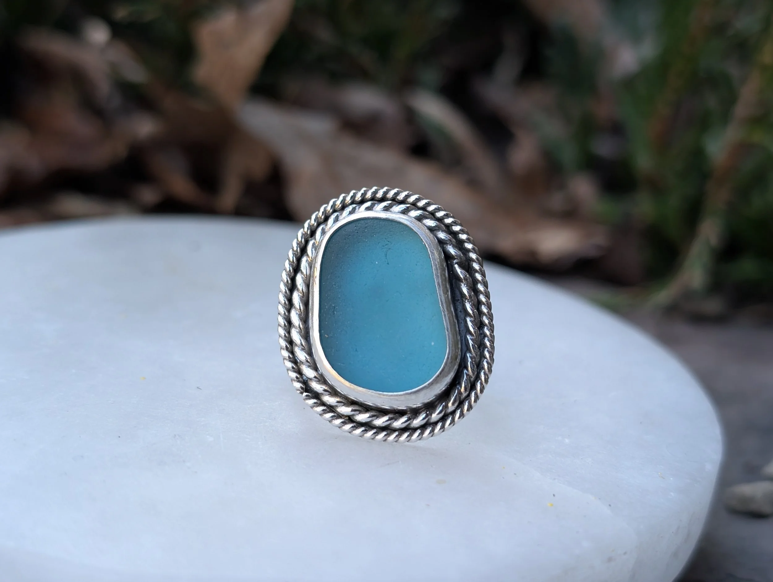 Large Blue Beach Glass Ring (Size 8)
