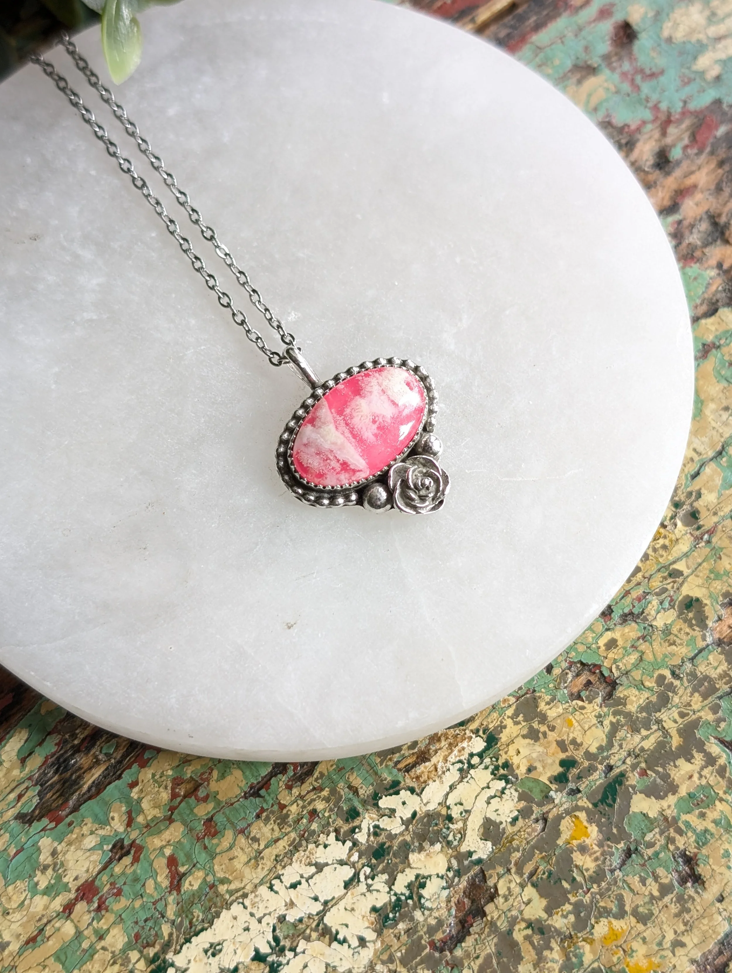 Pink Plume Agate & Rose Necklace