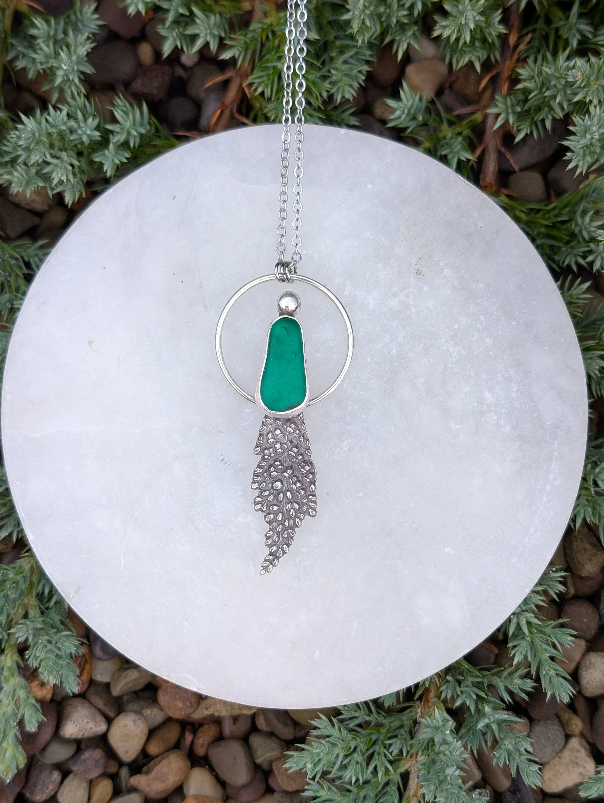 Green Sea Glass & Leaf Necklace
