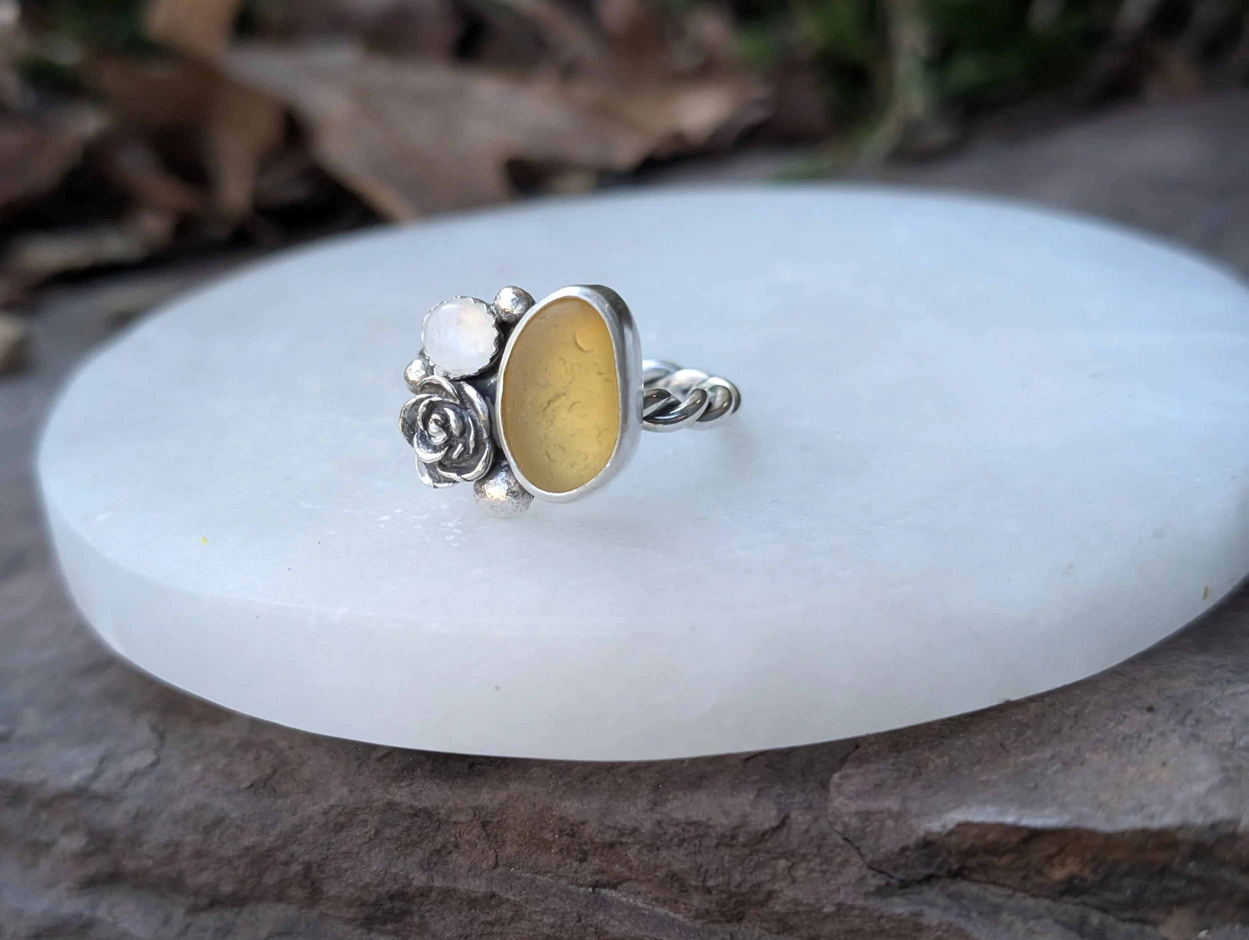 Yellow Sea Glass Cluster Ring (Size 8.5)