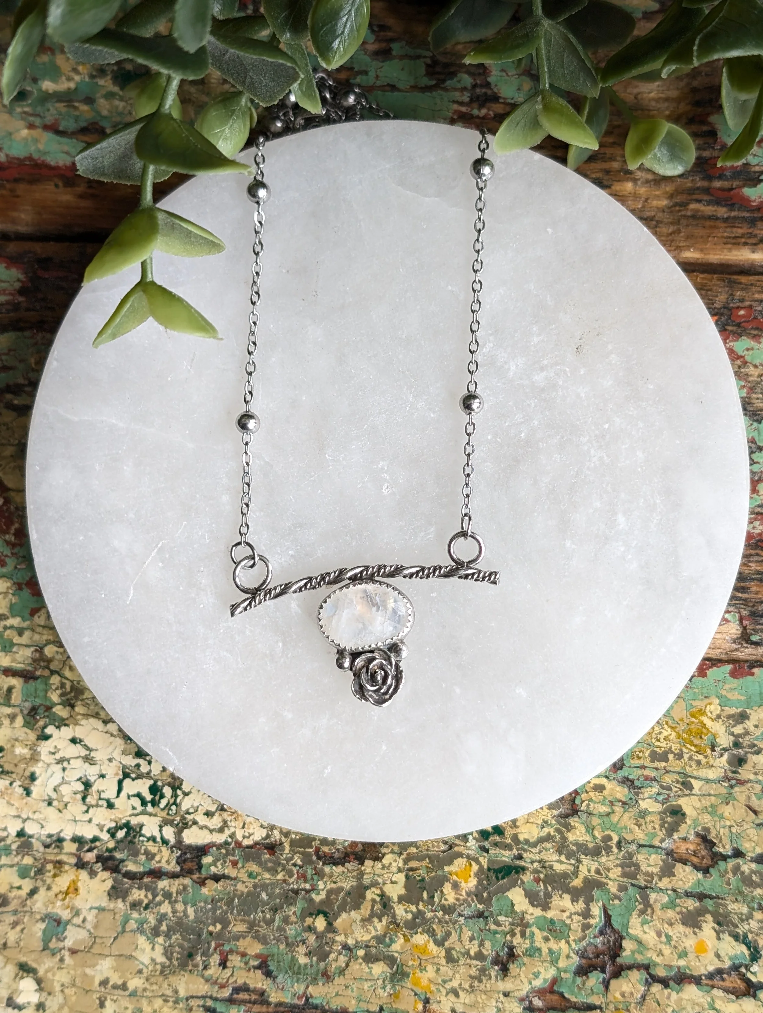 Rainbow Moonstone & Rose Bar Necklace