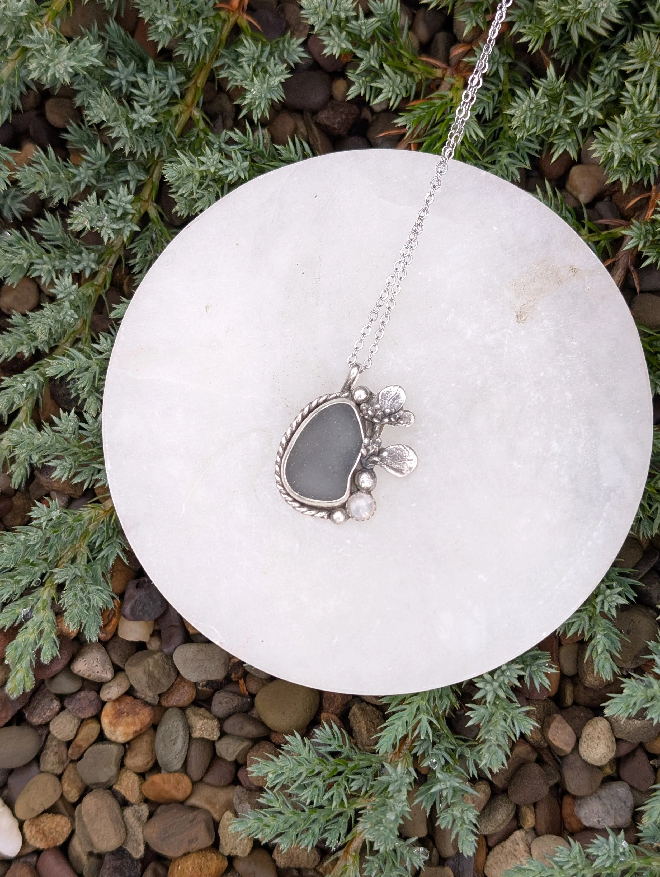 Grey Beach Glass & Orchid Necklace