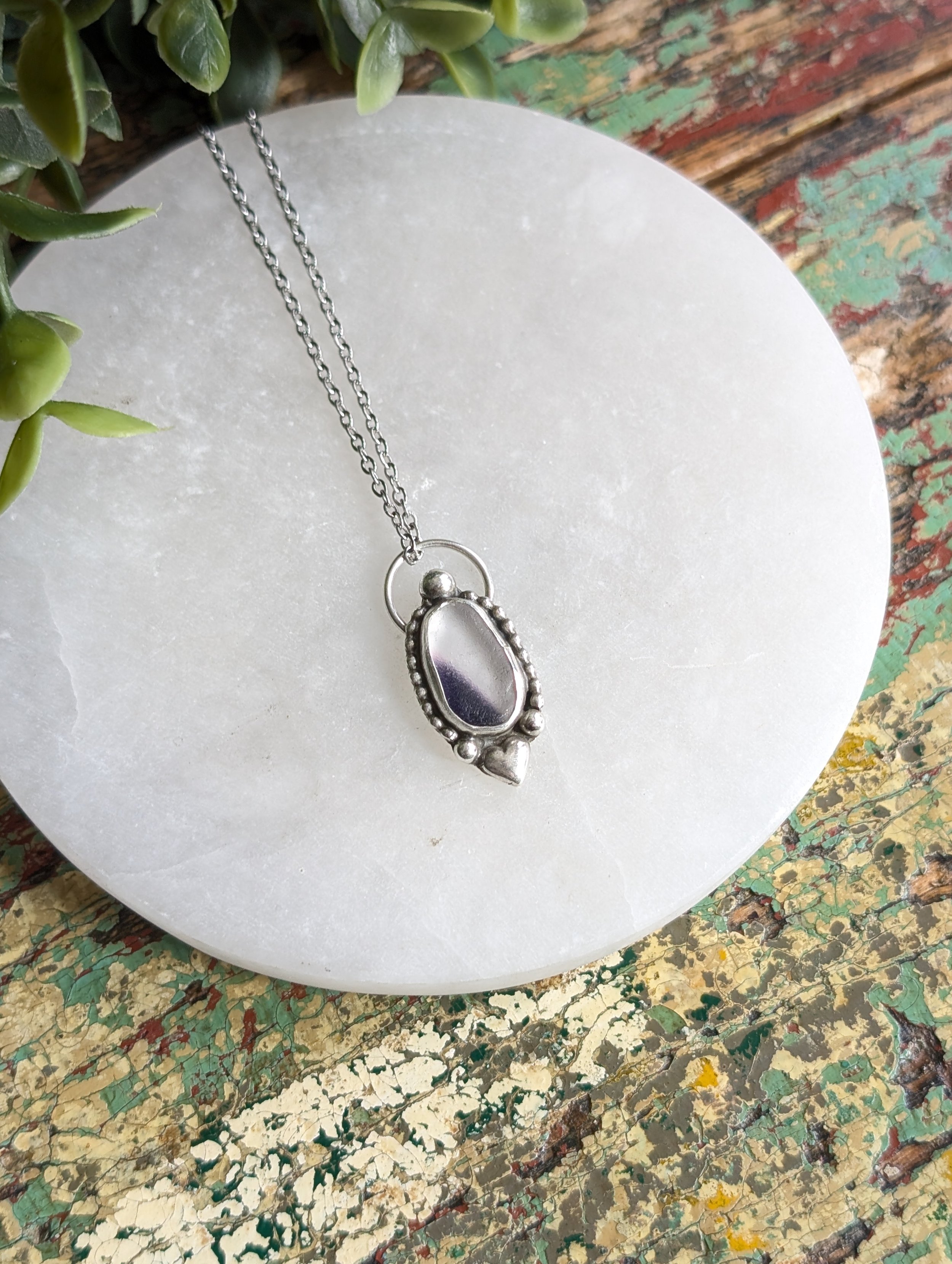 Clear & Purple Duo Sea Glass Heart Necklace