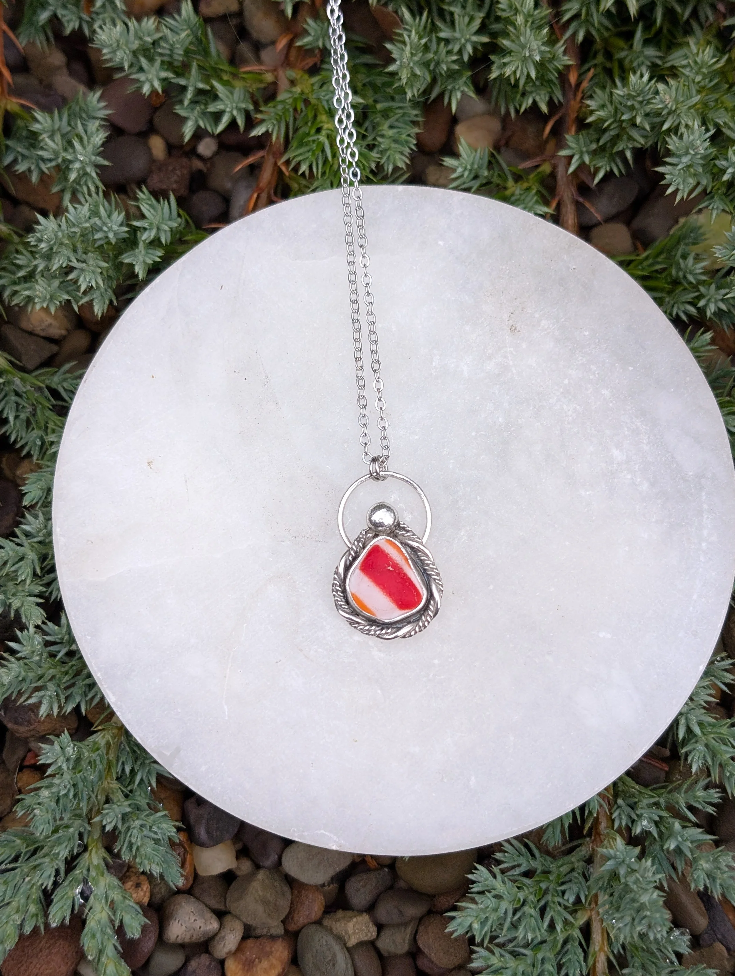 Red & White Stripe Sea Glass Necklace