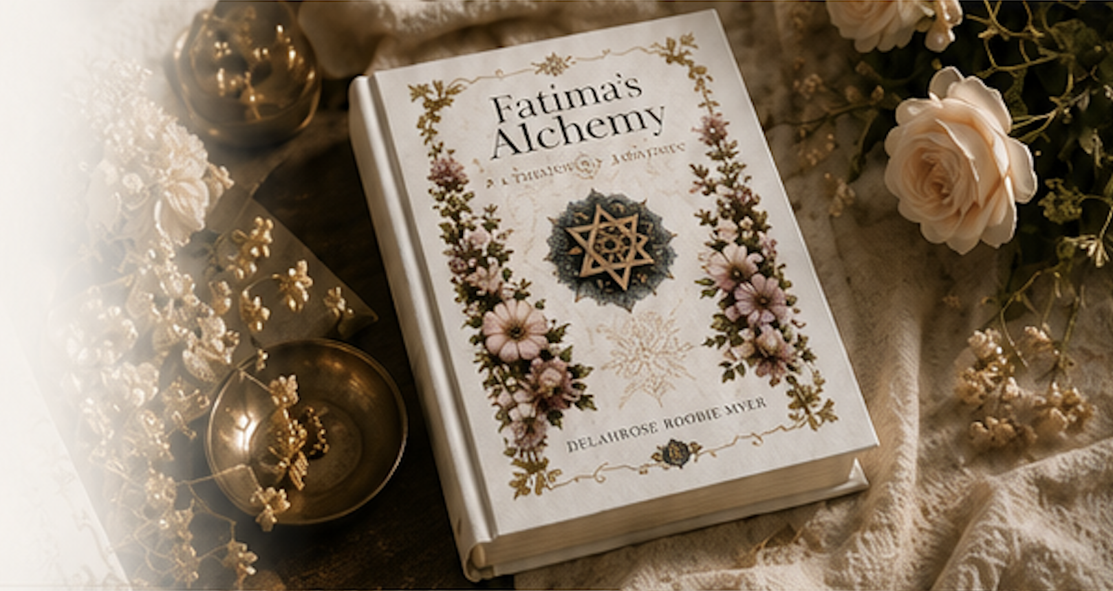 A book titled 'Fatima's Alchemy' surrounded by flowers, gold ornaments, and lace fabric on a wooden surface.