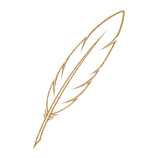 A simple illustration of a feather in beige color on a black background.