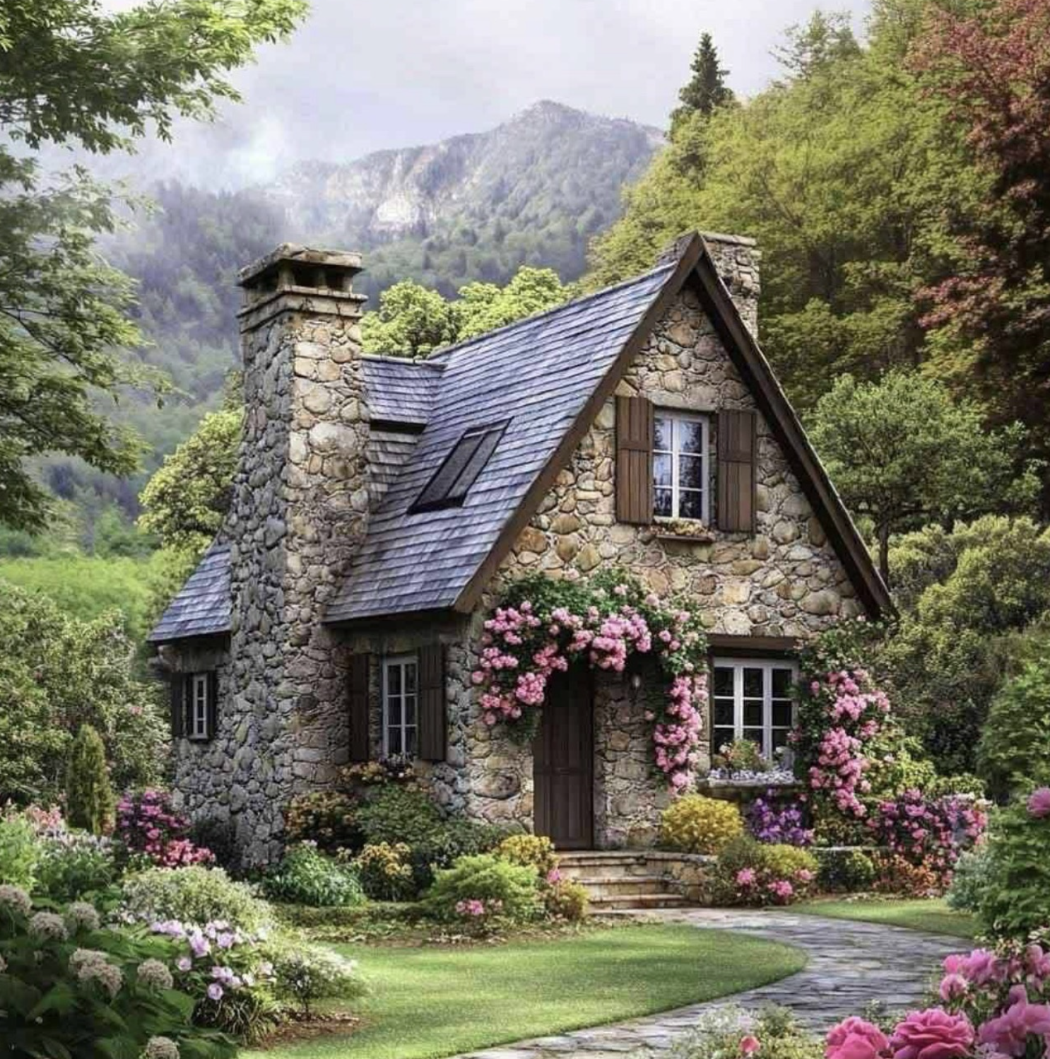 A stone cottage surrounded by lush garden with pink flowers, trees, and a mountain in the background.