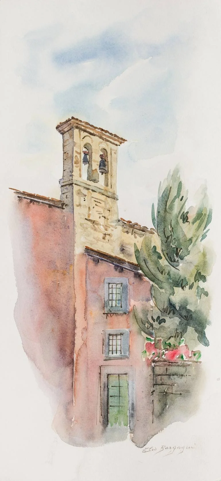 Watercolor painting of an old brick building with a bell tower and a large tree next to it.