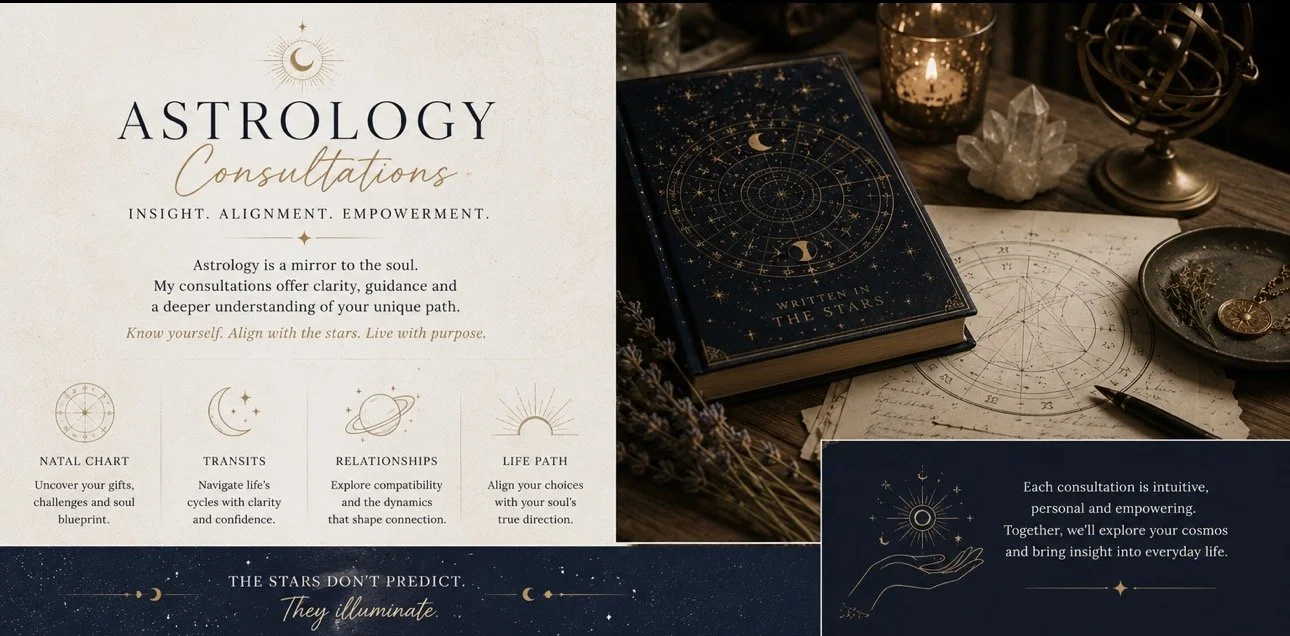 A promotional flyer for astrology consultations featuring celestial-themed decor and a book titled "Written in the Stars". The flyer highlights services like natal chart, transits, relationships, and life path readings.