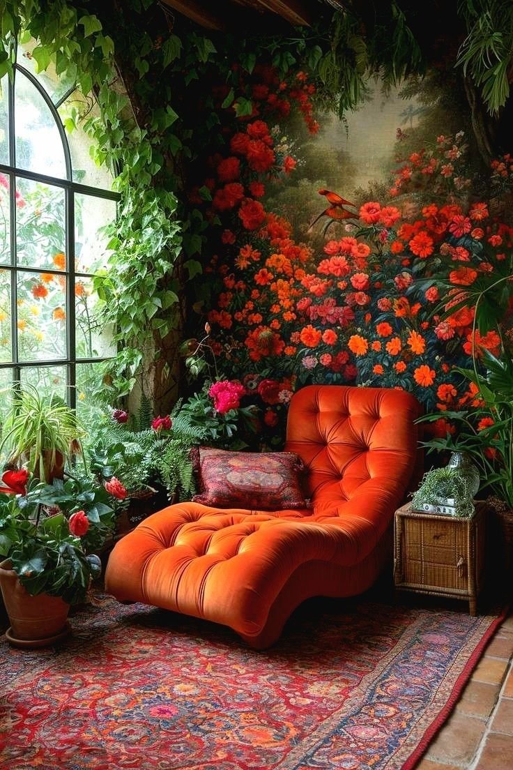 A cozy indoor space with a bright orange tufted lounge chair, surrounded by lush green plants and pink and red flowers, with a painted garden mural on the back wall and a large window letting in natural light.