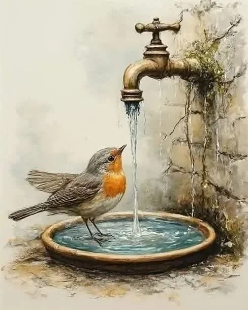 A bird with orange on its chest standing in a water dish beneath a tap with water flowing from it, with a wall behind.