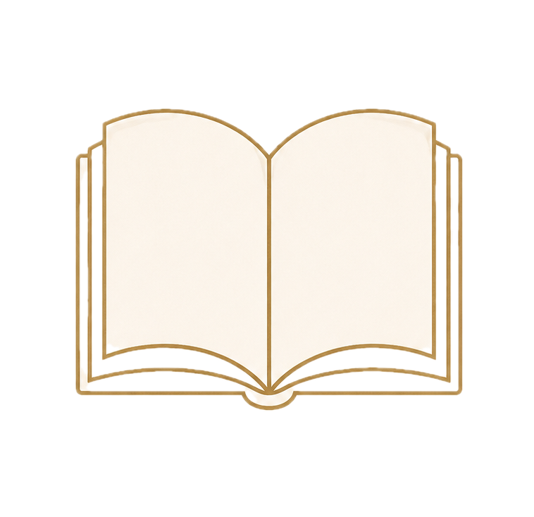 An open blank book with gold-edged pages and a decorative gold outline, viewed from above.